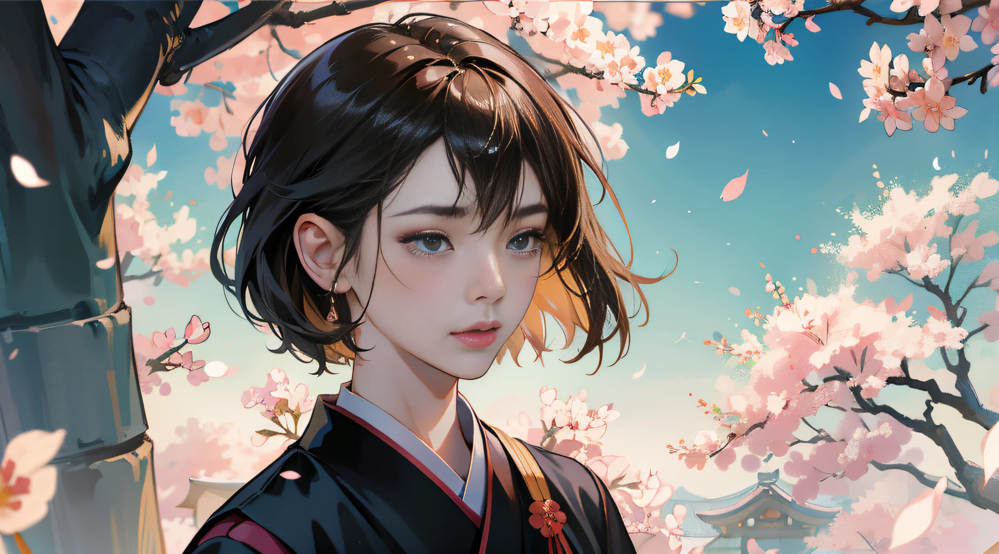 An ancient Chinese girl and an ancient Japanese girl playing in a bamboo forest,Cherry blossoms fly in the sky,Makoto shinkai style,kris knight,kintsugi,katsuhiro Otmo,portrait shooting,super wide shot,hyper-detailing,