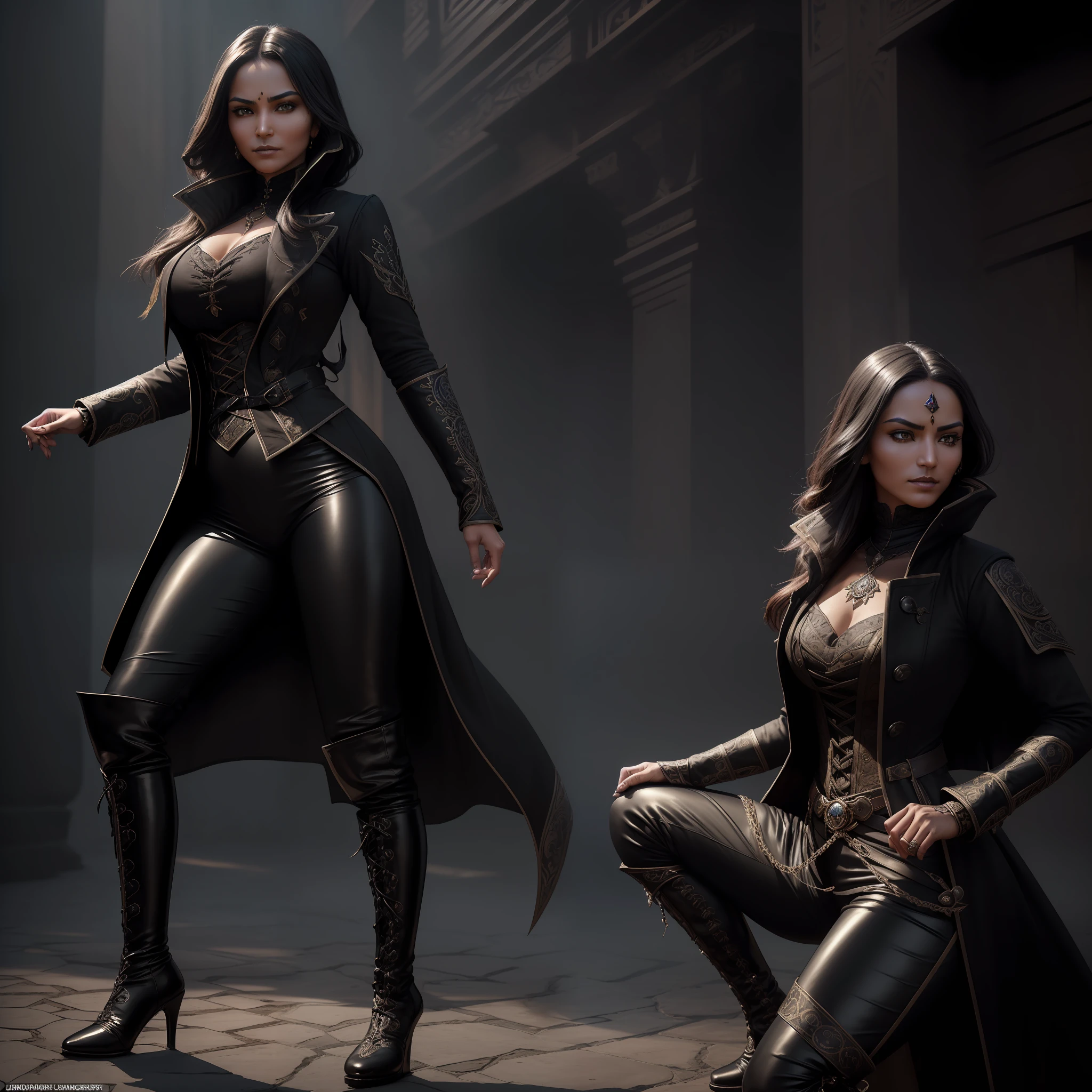 ((dynamic lighting)), ((dynamic poses)), ((highest resolution)), ((highest possible quality)) 4k resolution, ((highly detailed photo)), beautiful nepali rogue woman in a ((shadow and bone type fantasy setting)) with ((highly detailed face:1.4)) wearing ((victorian era style closed long coat)) ((tight black shiny pants)) and ((knee boots))