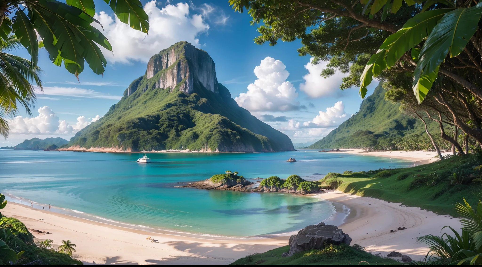 In the middle of the ocean１Two uninhabited islands、the beach、Jungle in the background、 UHD, masterpiece, best quality, highres, 8k