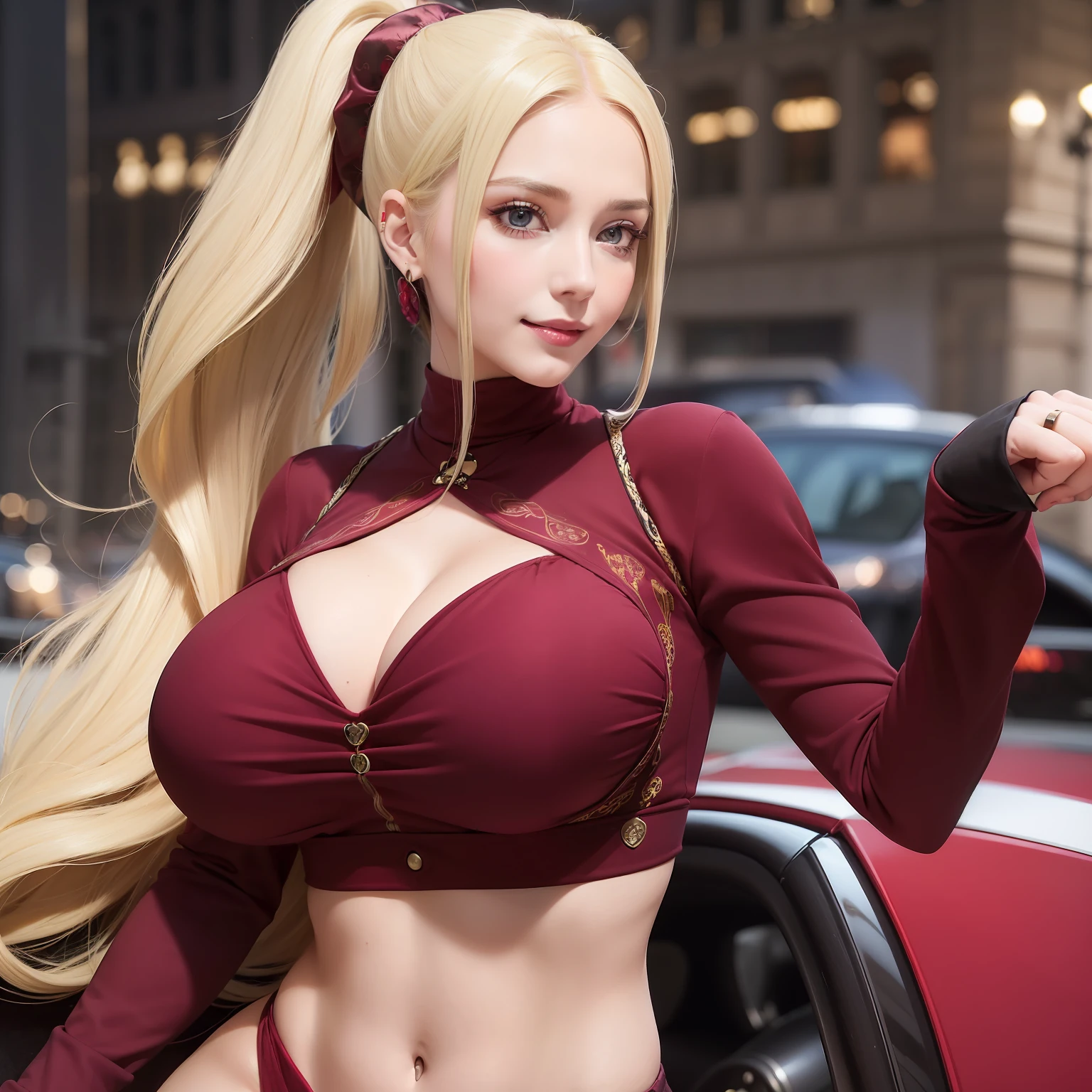 Female((30year old)), hair((long, blonde)), eyes((smart eyes, black)), clothes((velvet, crop-top, pattern, maroon, red)), accessories ((hair pin, ponytail)), smiling, gigantic breast, big boobs, mountain, smile, riding a car, sports car, Lamborghini sports car,
