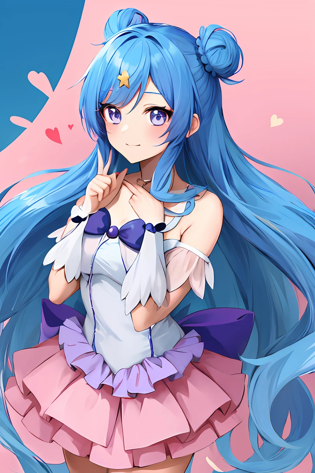 Cute anime magical girl with long blue hair, violet eyes and two hair buns