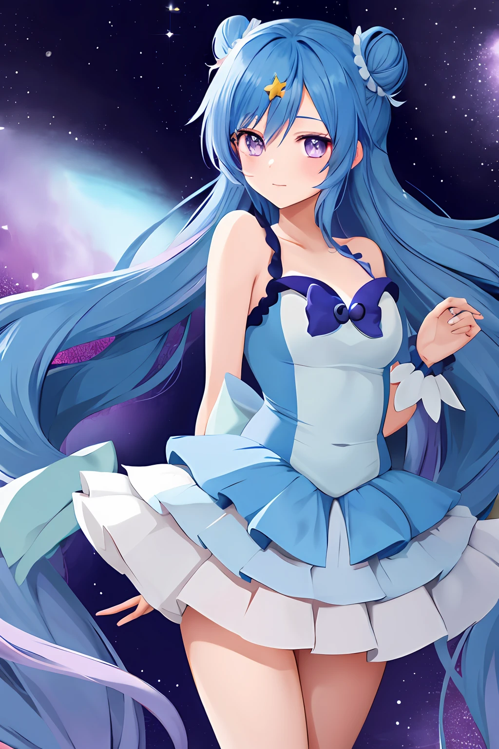 Cute anime magical girl with long blue hair, violet eyes and two hair buns