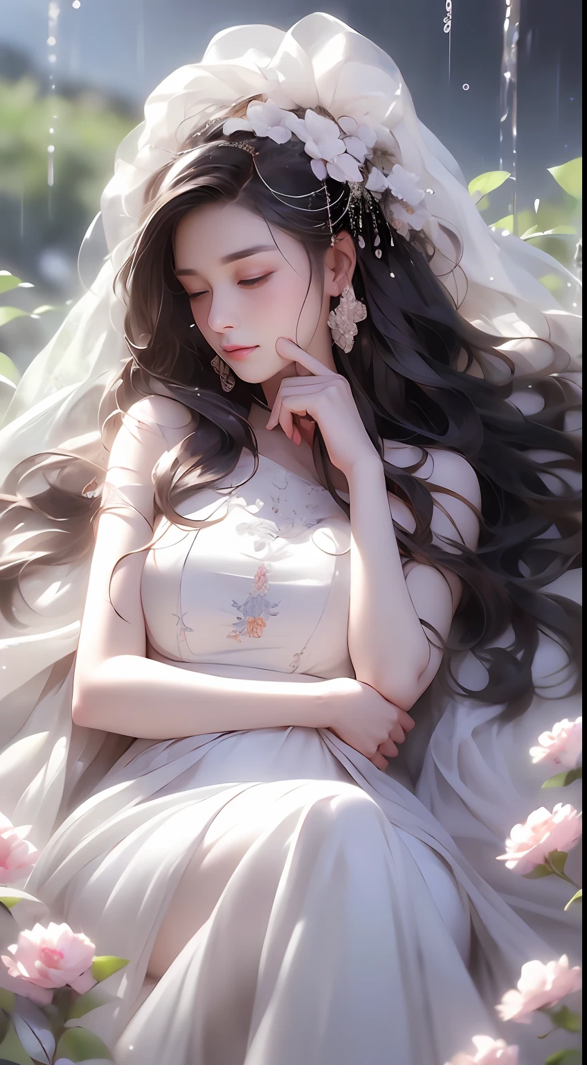 1 girl, full body photo, black hair, flowing hair, hazy beauty, extremely beautiful facial features, white embroidered dress, hairpins on her head, lying in a flower bush, hand dragging chin, perfect hand, white flower, (spring, rainy day, terraces, mountains), simple vector art, contemporary Chinese art, soft light, entangled scarf, overlook