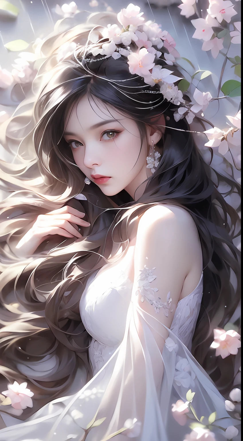 1 girl, full body photo, black hair, flowing hair, hazy beauty, extremely beautiful facial features, white embroidered dress, hairpins on her head, lying in a flower bush, hand dragging chin, perfect hand, white flower, (spring, rainy day, terraces, mountains), simple vector art, contemporary Chinese art, soft light, entangled scarf, overlook