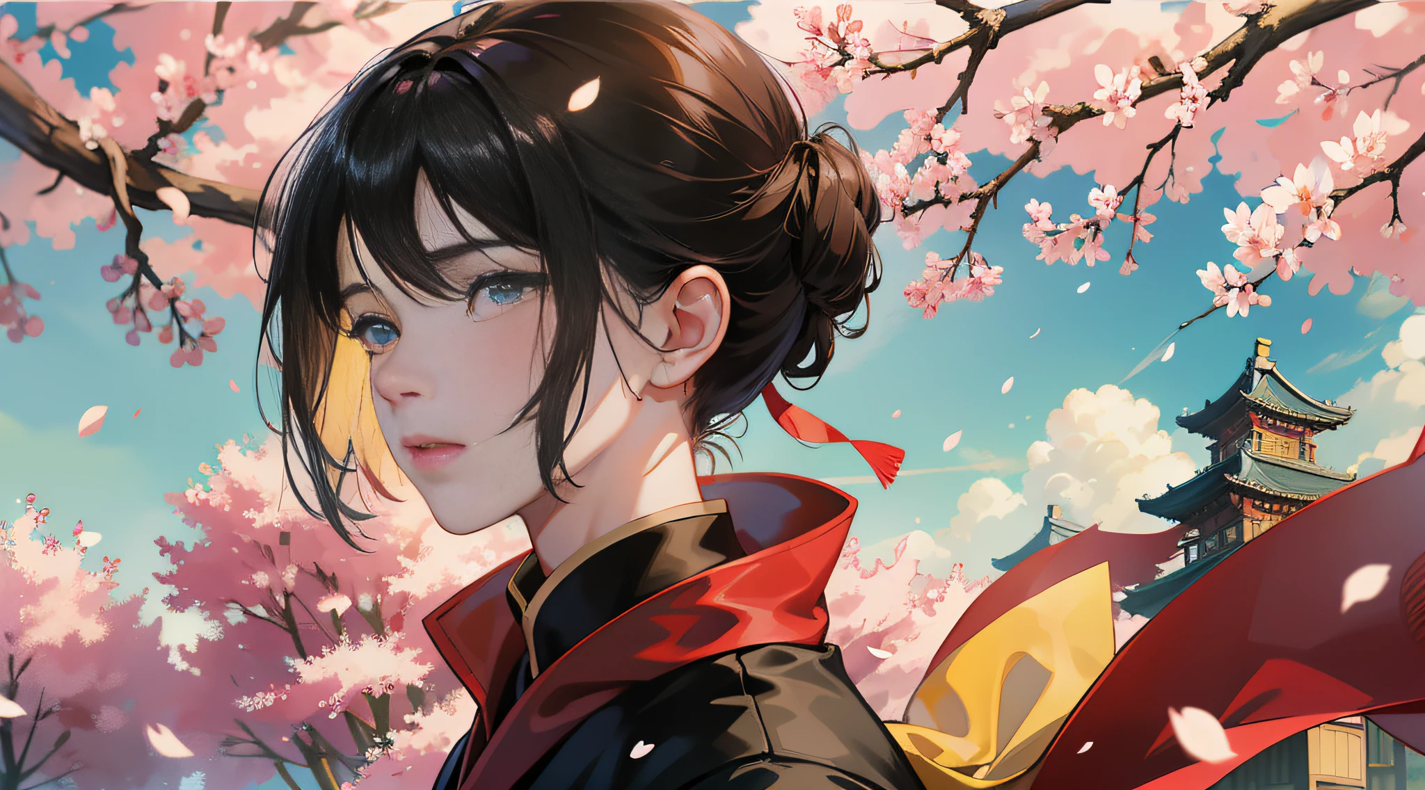 An ancient Chinese girl and an ancient Japanese girl playing in a bamboo forest，Cherry blossoms fly in the sky，Makoto shinkai style，kris knight，kintsugi，katsuhiro Otmo，portrait shooting，super wide shot，hyper-detailing，