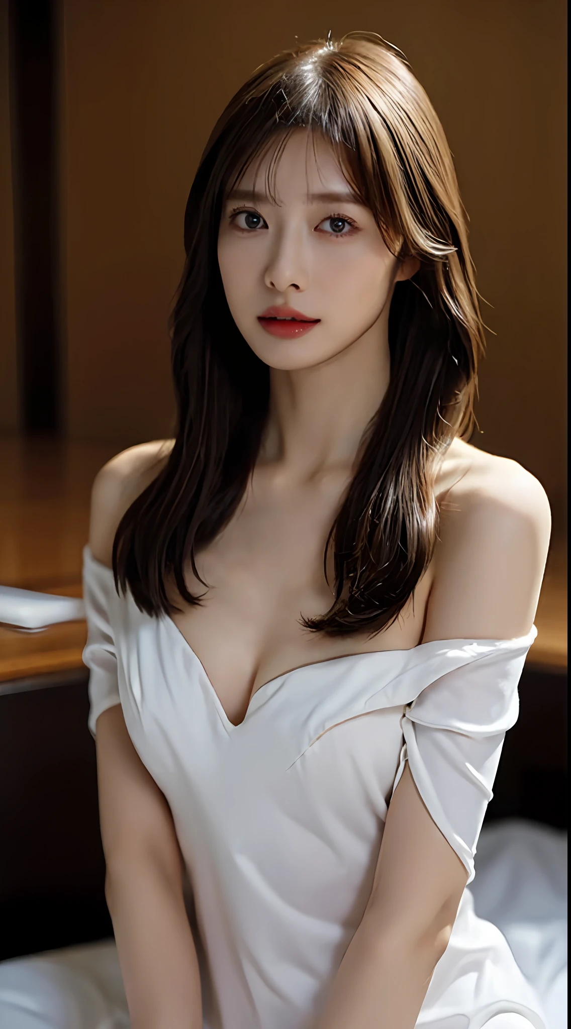 ((top-quality、8K、masuter piece:1.3))、1 female、 Beautiful girl emphasizing slender abs:1.3、 爆乳:1.2、 Pose Seductive、 Sexually seductive facial expressions、 Open your crotch、 that are about to spill、 Red Off Shoulder、 Nipples are visible、 Cinematic lighting、 hyperdetailed face、 High detailed lips、 A detailed eye、 二重まぶた、