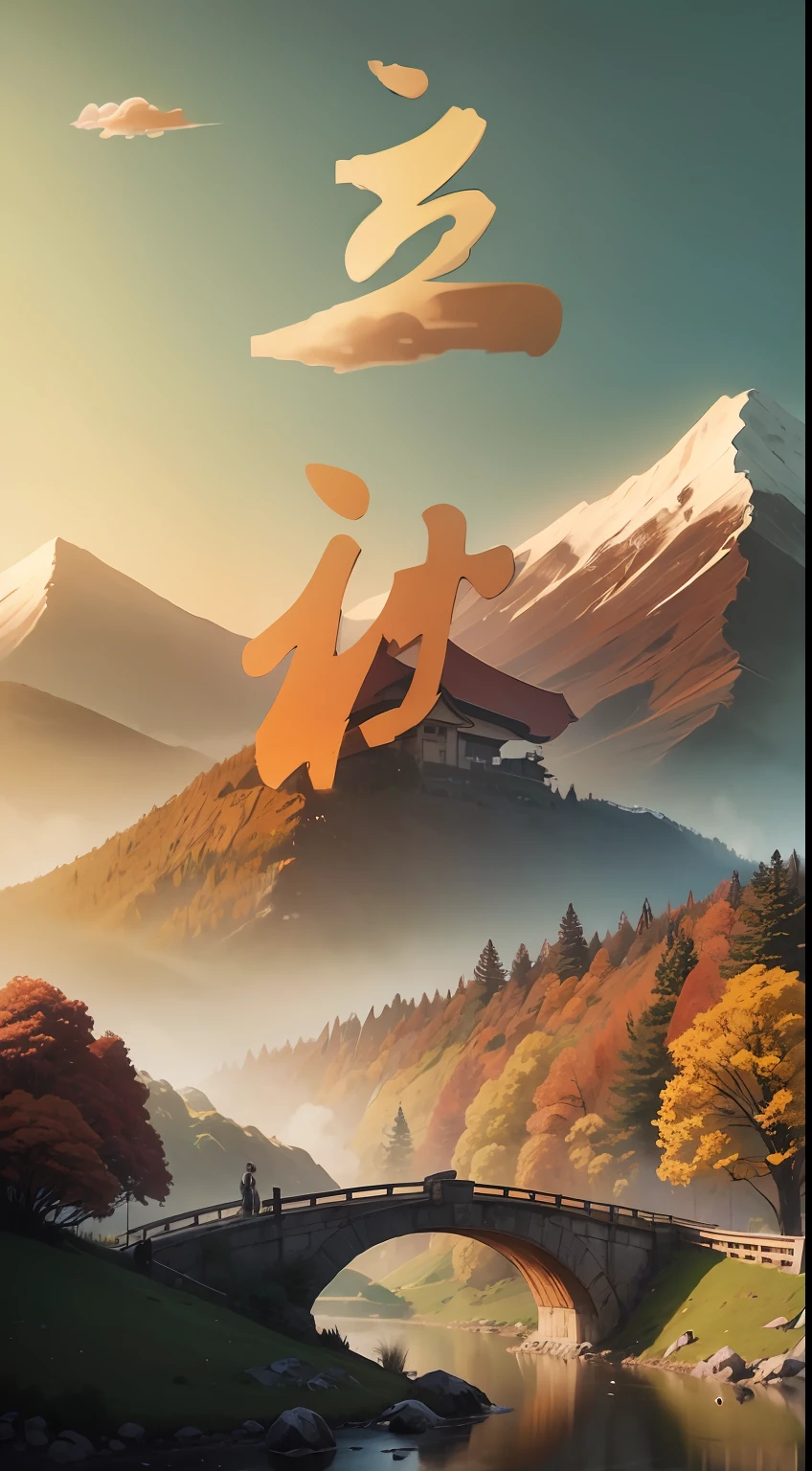 Miyazaki style autumn，Sunnyday，Migrant，baiyun，mountain peaks，rios，the trees，small bridges，grassy fields，will be the top，mountain scene，high-definition picture quality，8K，in a panoramic view，The layering of the picture，The overall picture is clearly layered