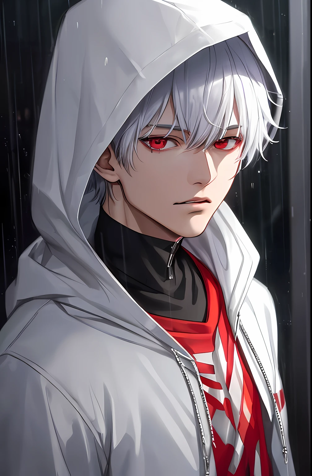 kk, best quality, more details, masterpiece, 1boy, kaneki ken, portrait, male focus, red eyes, solo, bangs, looking at viewer, hood, short hair, rain, tokyo tokyo \(city\), hood up, nail polish, white hair, luxurious, 8k, detailed, ray tracing, depth of field, cinematic lighting,