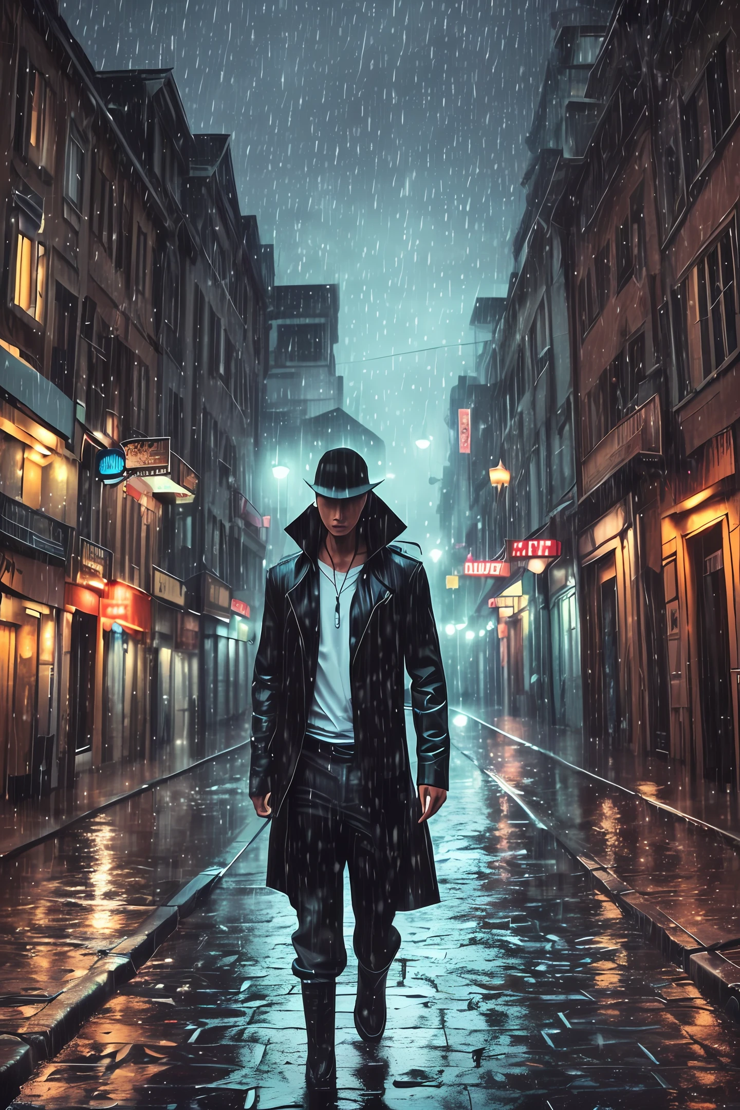 fallen angel, male, wandering, rainy night, being watched --auto --s2