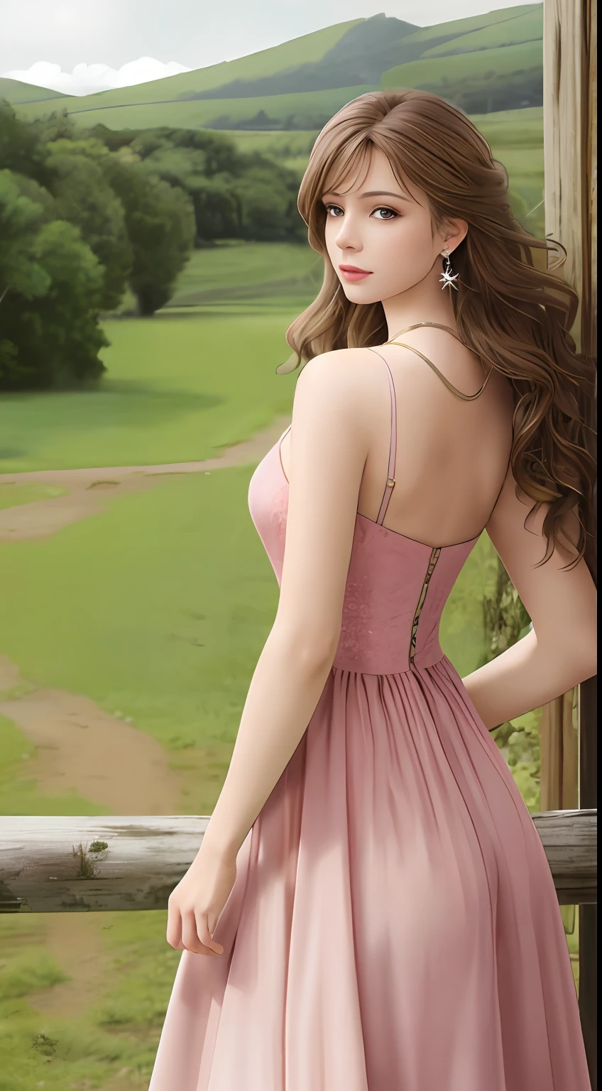Best quality, masterpiece, photorealistic:1.27, ultra high res, 8K raw photo, 1girl, dress, solo, brown hair, jewelry, long hair, earrings, pink dress, tree, nature, outdoors, bare shoulders, abandoned barn, looking back, standing, necklace, head tilt, wavy hair, looking at viewer, detailed texture, rim lightning, cowboy shot