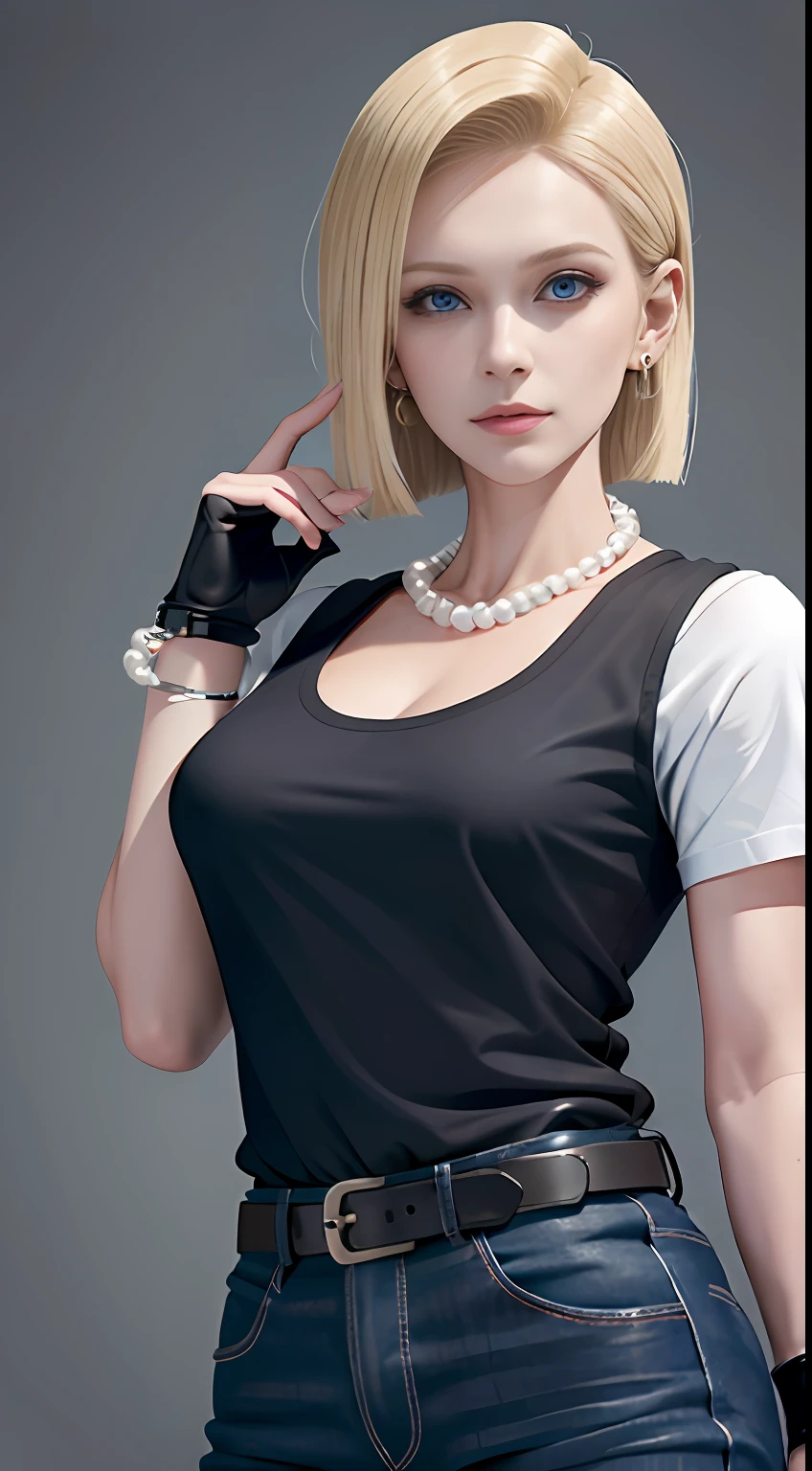 8k, real picture, intricate details, ultra-detailed,(photorealistic),
and18, 1girl, android 18, blonde hair, blue eyes, belt, jeans, pearl_necklace, bracelet, black gloves, white shirt, short hair, short sleeves, earrings, blue pants, open vest, black vest,
peace, sign