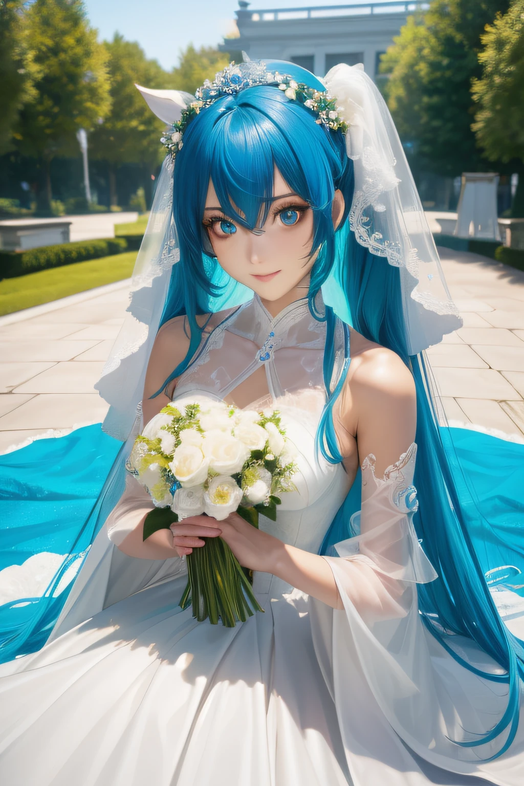 (tmasterpiece、top-quality、8k wallpaper、A high resolution、realisticlying),hatsune,blue hair,dual horsetail,黑The eye,stage,Slim body,Beautiful face,Bright eyes,Delicate facial features,Wedding dress-up,White flowers in hand
