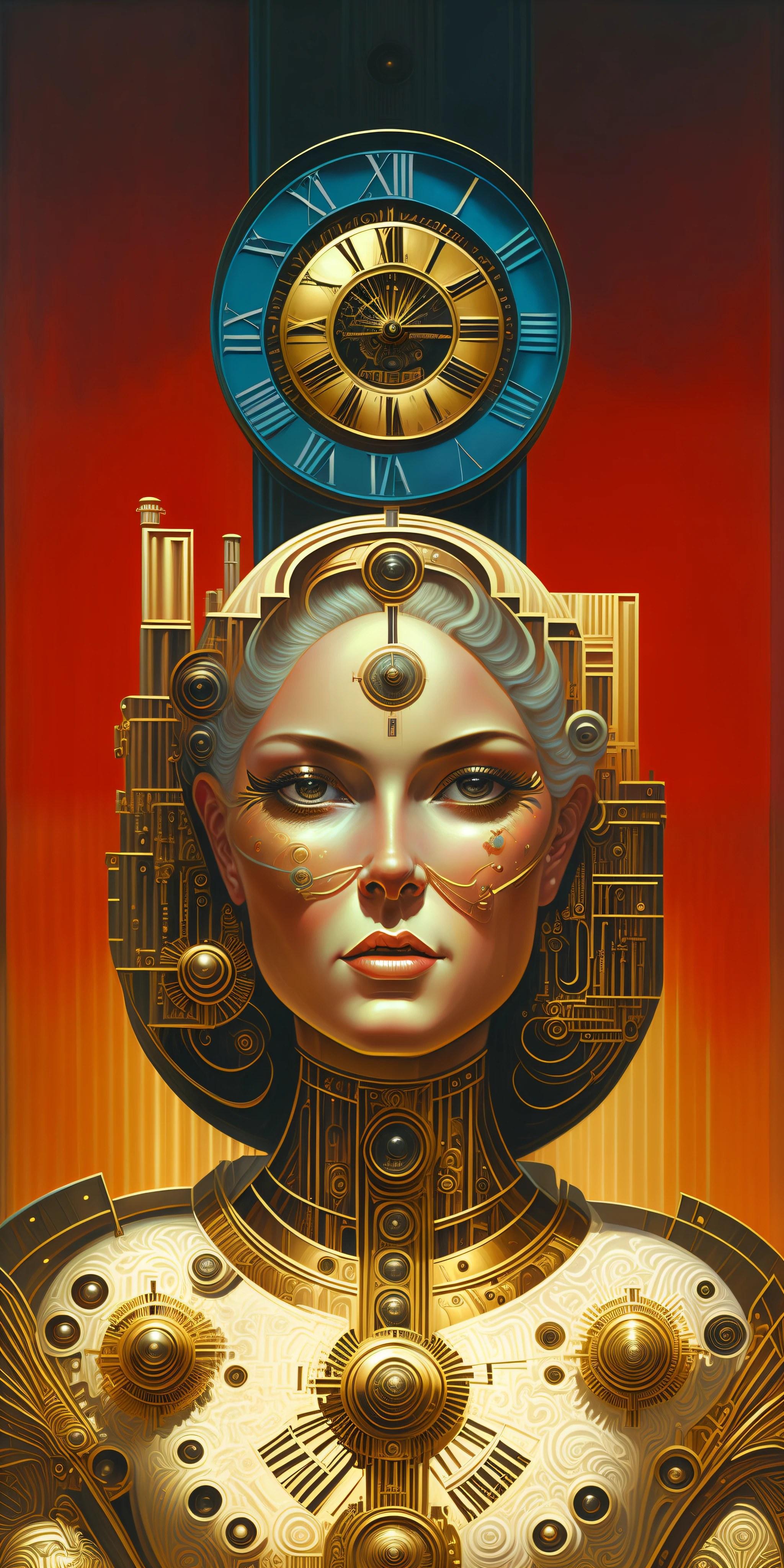painting of a woman with a clock on her head and a man on a horse, inspired by Vladimir Tretchikoff, portrait of a cyborg queen, portrait of a female android, inspired by Earle Bergey, clockwork woman, by Wayne England, inspired by Barclay Shaw, by Vladimir Tretchikoff, by Jason Benjamin, by Galen Dara