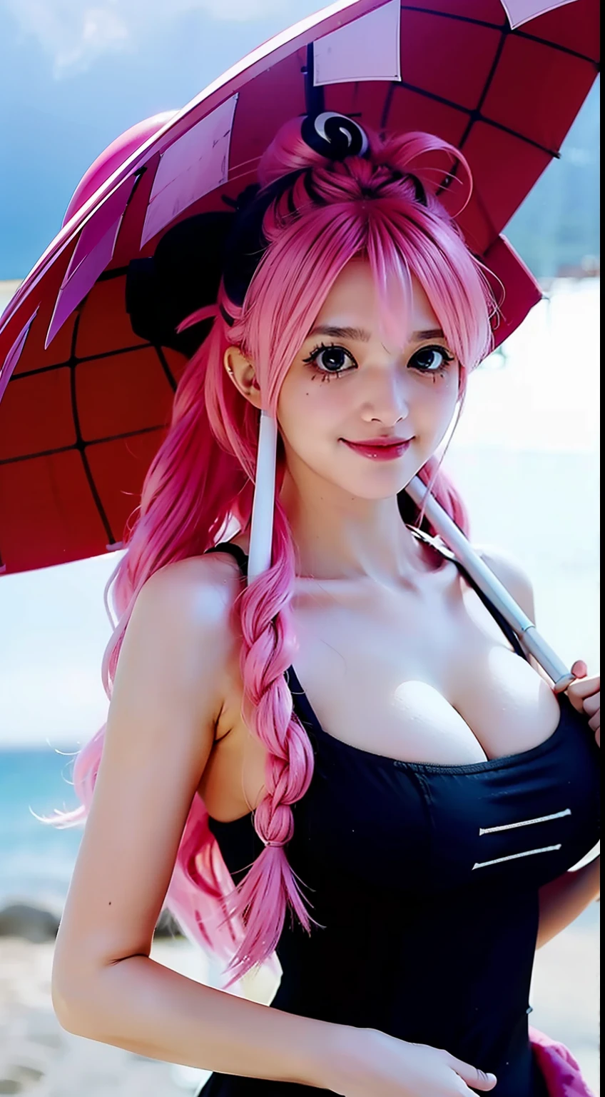 blush from one piece anime, pink hair, hair tie, wearing a hat, black dress, carrying an umbrella, wearing mascara, slightly smiling, perfect body, standing, looking at the viewer, medium boobs