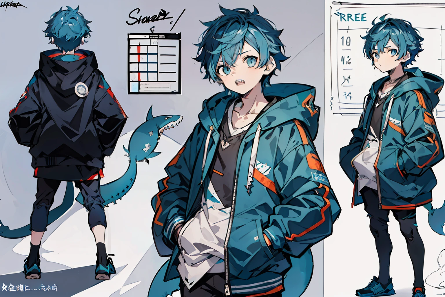 master-piece, hyper quality, hyper detailed,perfect drawing, 1boy, (Hairstyle: Messy Japanese Round Haircut for Thick Hair)), blue hoodie, shark tail, sharp teeth, blue eyes, Blue hair, height 167cm, stand still, (character sheet:1.4), (concept art:1.4)