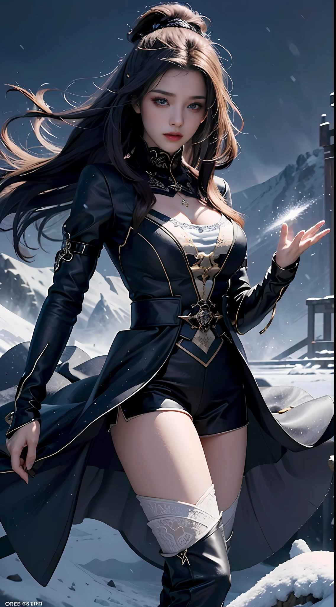 official art, Unity 8k wallpaper, a girl, most beautiful, medium breath, detailed fingers, crystallized clothes, color, black color, royal design, realistic detailed eye, dim lightning, snow falling, feeling romancing, whole body capture,