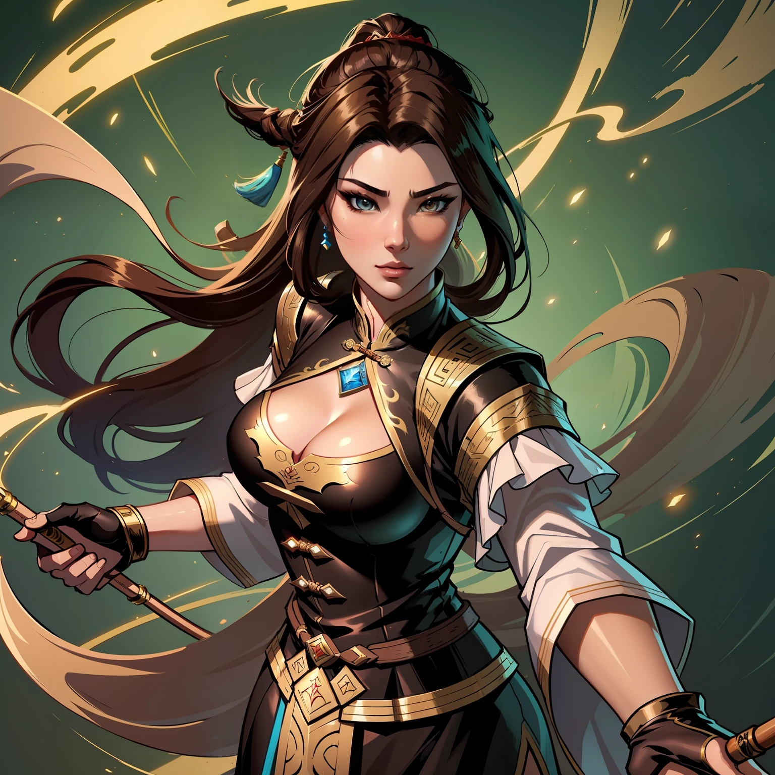 a close up of a woman in her 30's, with brown eyes eyes and brown hair, wearing a green and black ball gown dress, a heroine in wuxia style, with brown eyes, martial artist holding a longbow, standing in a chinese monastary, new costume concept design, in the style of blade and soul, full body character concept, detailed character design, inspired by Yang Jin, inspired by Li Mei-Shu, chinese costume, inspired by Lan Ying, inspired by Sim Sa-Jeong, inspired by Li Tang, lunar themed attire, costume with blue accents, inspired by Ju Lian, colored concept art, highly detailed character design, highly detailed face, inspired by Ai Xuan, very highly detailed face, unreal engine render, final fantasy 14 style, inspired by Leng Mei