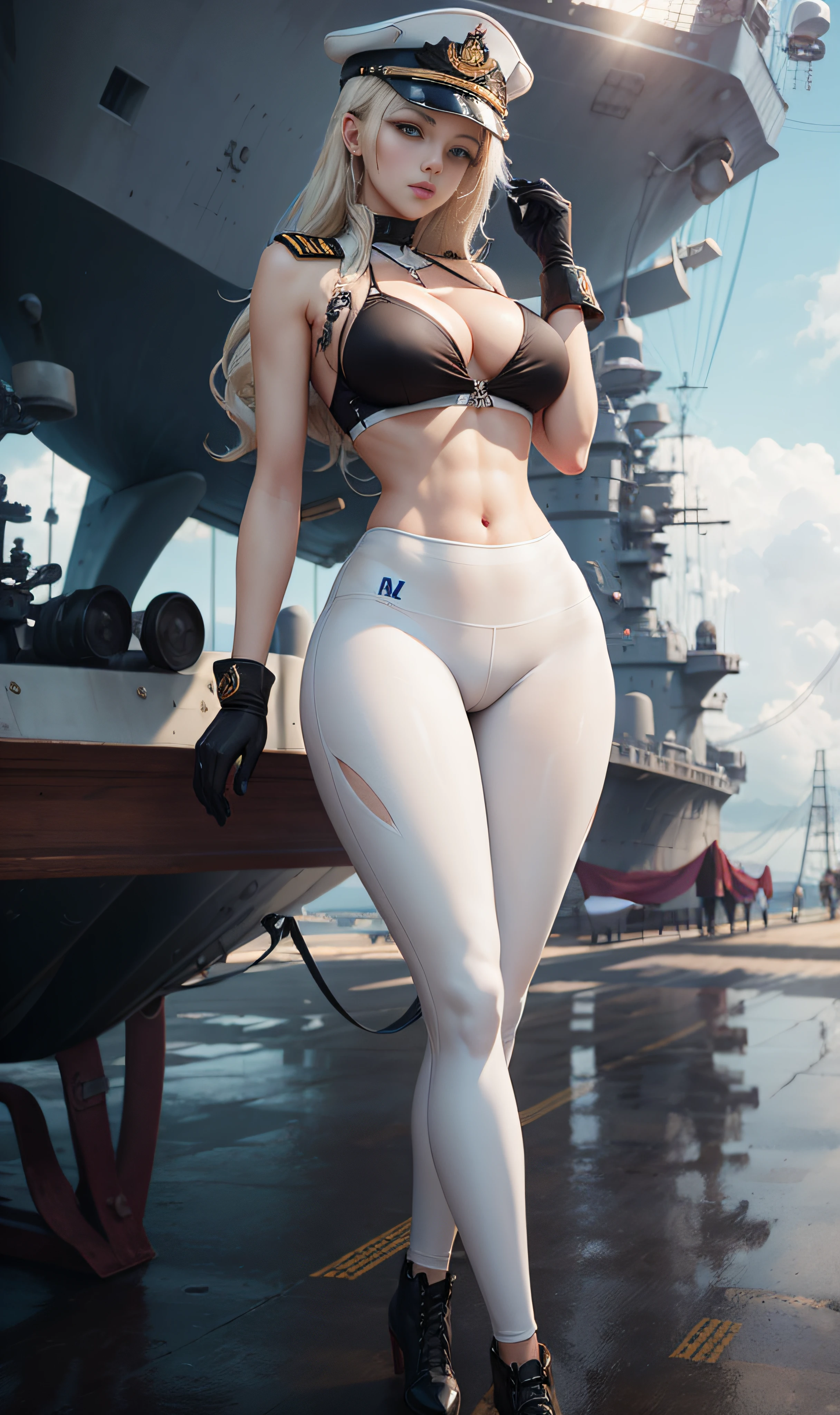 Blonde woman in white uniform poses on warship, azur lane style, Girl with warship, photorealistic anime girl rendering, A scene from the《azur lane》videogame, high definition cgsociety, 3 D rendering character art 8 K, Tifa Lockhart with white hair, beautiful and seductive anime woman, Slim figure, Wearing a white tight military uniform, Moderate breasts，Nipple bumps，Not wearing a bra，stunning cgsociety，White transparent yoga pants，military hat，black glove，full ，Long legs，lies on the ground，legs separated，One word horse