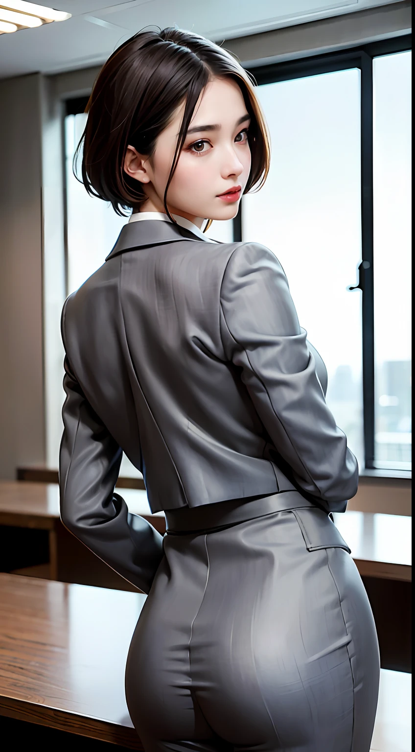 (Best quality, 8k, 32k, Masterpiece, UHD:1.2), 1girl, beautiy Japanese woman, narrow waist, grey suit, open jacket, office lady, suit, pants, from behind, office room, desk, (stick out one's buttocks:1.2), detailed face, short hair,