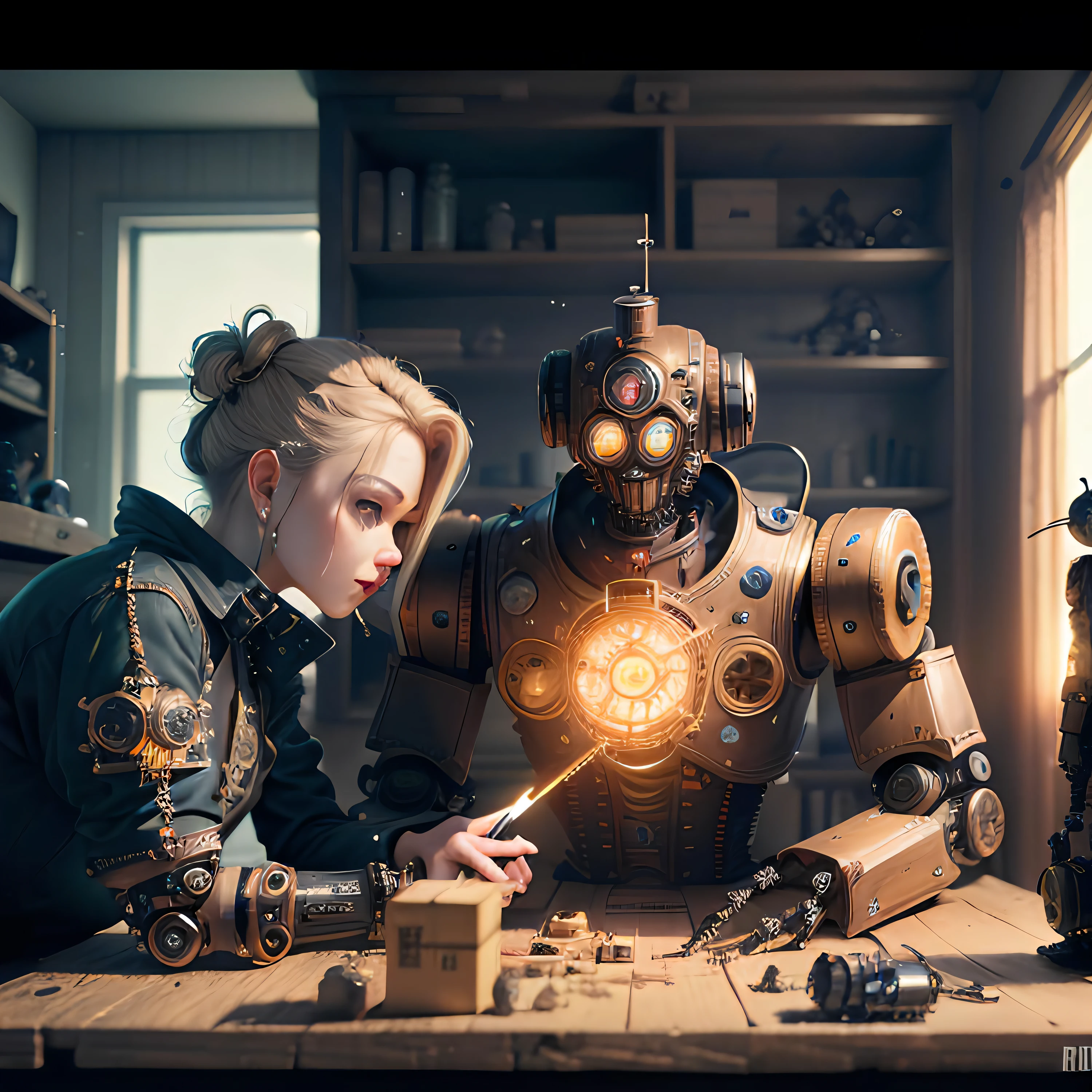mini\(ttp\), (8k, RAW photo, best quality, masterpiece:1.4),(Creating a steampunk robot with magical modifications:1.3),steampunk,cyberpunk,(cyberpunk light:0.5),on desk,(in a miniature box:1.3),isometric, miniature, landscape on foundation,landscape,