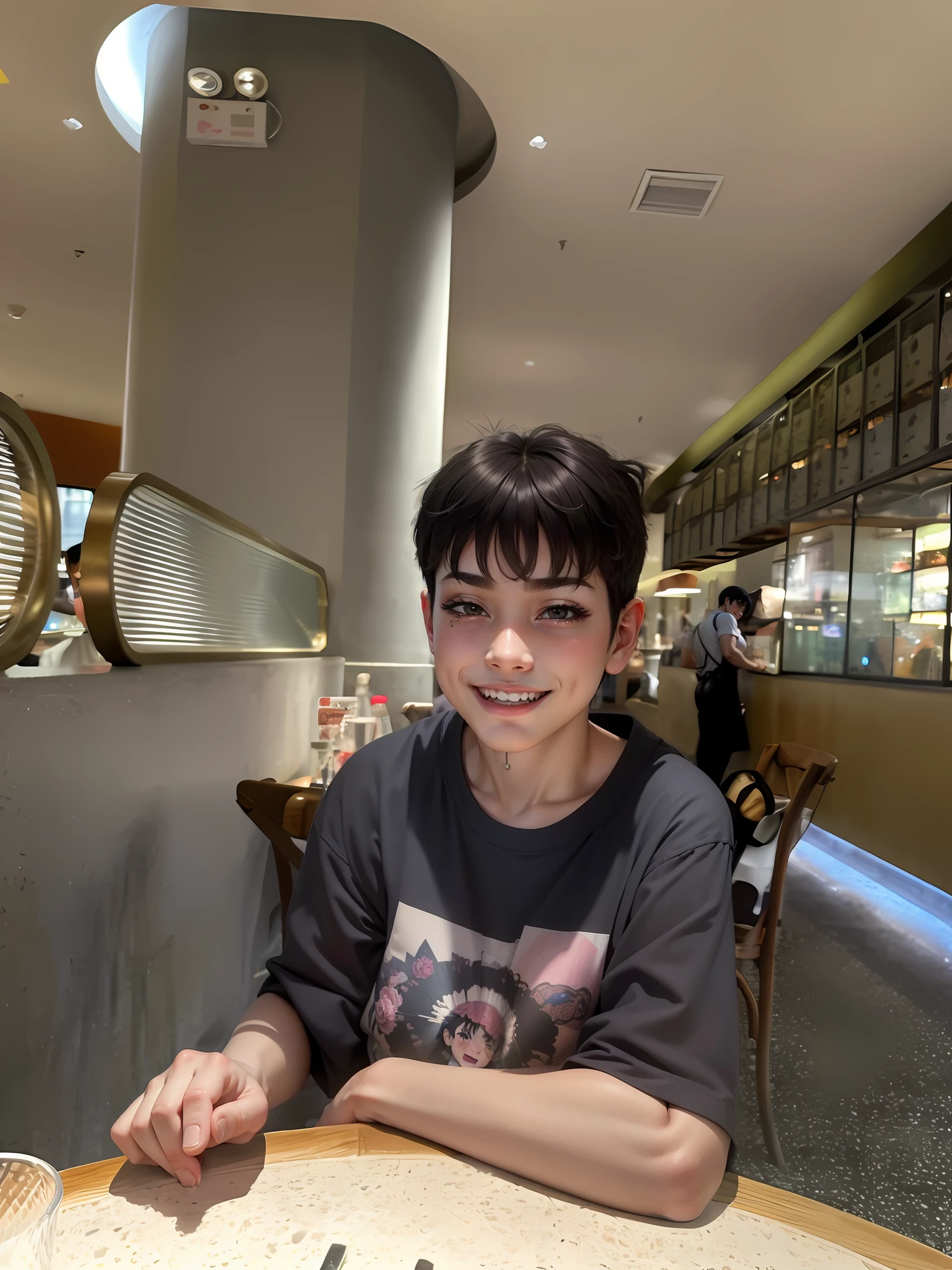 A boy,photoreali,With a smile,Good facial features,Black hair, jitome, ssmile, happy tears, Short hair, Shiny hair, surrealism, High detail, anime big breast, Rococo style, Depth of field, Ray tracing, Fuji colors, f/1.8, 35mm, Nikon, Close-up, projected inset, 8K, Super detail, hyper HD, retinas, Masterpiece, ccurate, Anatomically correct, Textured skin, Super detail, High details, High quality, Award-Awarded, Best quality, A high resolution, 16k