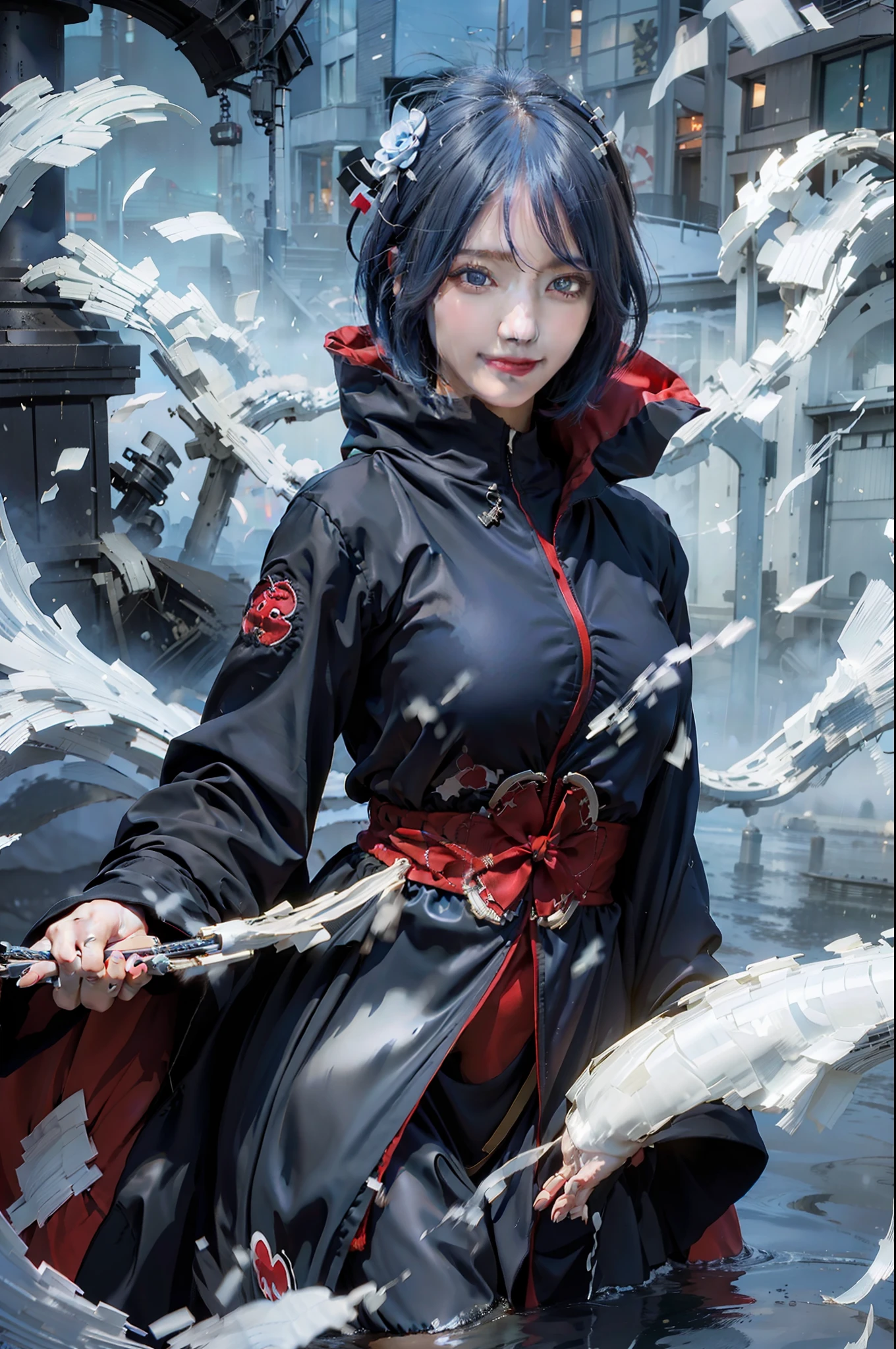 1girl, konan akatsuki, blue hair, short hair, blue eyes, smile, very big breasts, black and red clothes, realistic, ultra detail, outdoor background