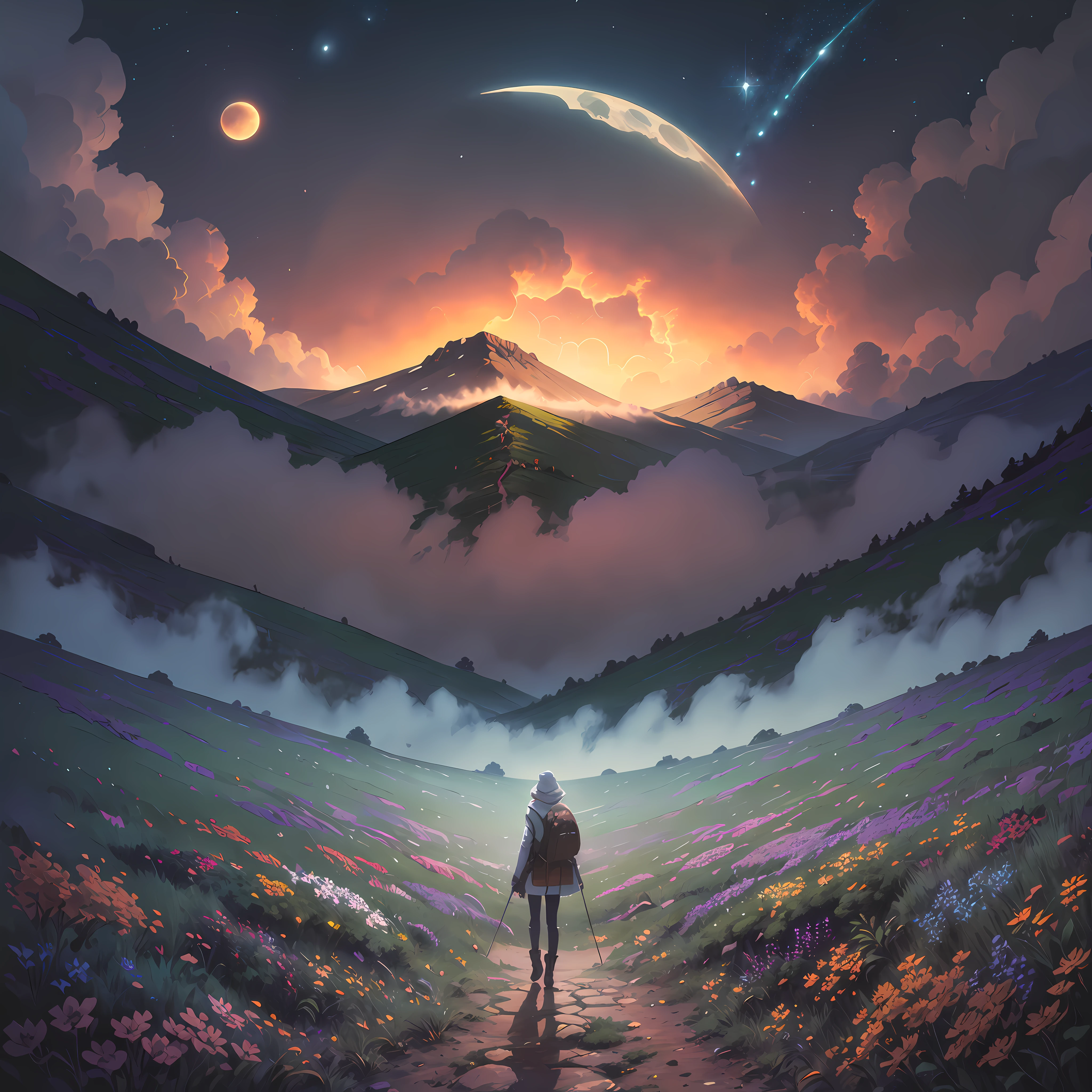 Vast landscape photo, (viewed from below, the sky is above and the open field is below), a girl standing on a flower field looking up, (full moon: 1.2), (meteor: 0.9), (nebula: 1.3), distant mountains , Trees BREAK Crafting Art, (Warm Light: 1.2), (Fireflies: 1.2), Lights, Lots of Purple and Orange, Intricate Details, Volumetric Lighting, Realism BREAK (Masterpiece: 1.2), (Best Quality), 4k, Ultra-Detailed, (Dynamic Composition: 1.4), Very Detailed, Colorful Details, (Rainbow Colors: 1.2), (Glow Lighting, Atmospheric Lighting), Dreamy, Magical, (Solo: 1.2)