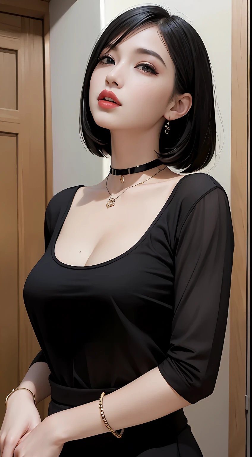black hair bob,(8k,RAW photos,realisticlying:1.25),(Very lip gloss,Many eyelashes,HighestQuali,超高分辨率,depth of fields,color difference,Caustics,Wide light,natural color,Japanese,Women in their 30s) staring at the audience,choker necklace,bangle,choker necklace,choker necklace,choker necklace,choker necklace,full bodyesbian,,Chest moles,see-through shirts