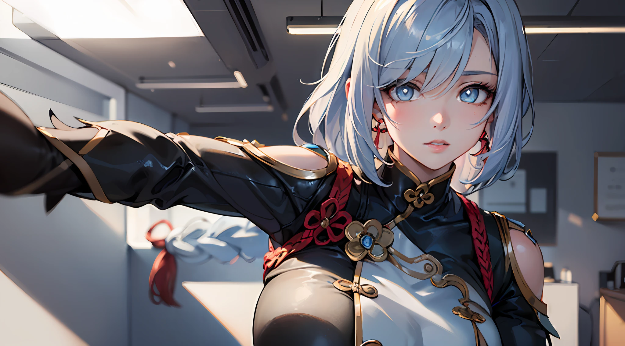 electrician girl, electrician suit, upper body, seductive look, blush, indoors, in office, looking at viewer, cloudy, moody lighting, (perfect detail eyes:1.2), glowing eyes, (long hair one braid:1.2), elemental skill effect, (Masterpiece, Best Quality, High Quality:1.4), professional artwork, Intricate Details, field of view, sharp focus, detailed painting, photorealistic lighting, trending on pixiv, (vivid lighting, vibrant colors:1.05), realistic shadows, ambient occlusion, (athletic body:1.3), mature woman, 30yo, shenhe, hyperdetail eyes, ((beautiful eyes, hyperdetailed eyes:1.4)), (((solo:1.4))), semi-realistic hair, hyperdetailed clothes, (((anime:1.4)))