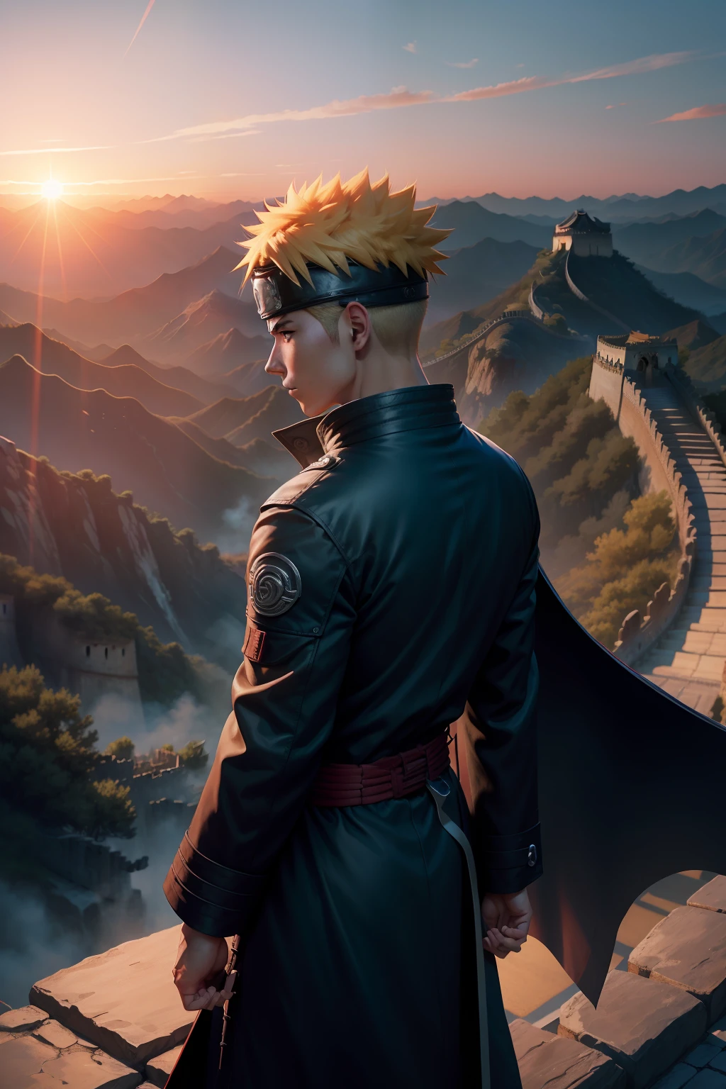 Naruto Naruto is on the Great Wall of China，In the setting sun，Standing bravely on the Great Wall，Fighting stance，Blue flames surround the body，The trench coat flutters，Behind you is a magnificent view of the Great Wall+Sunset view。