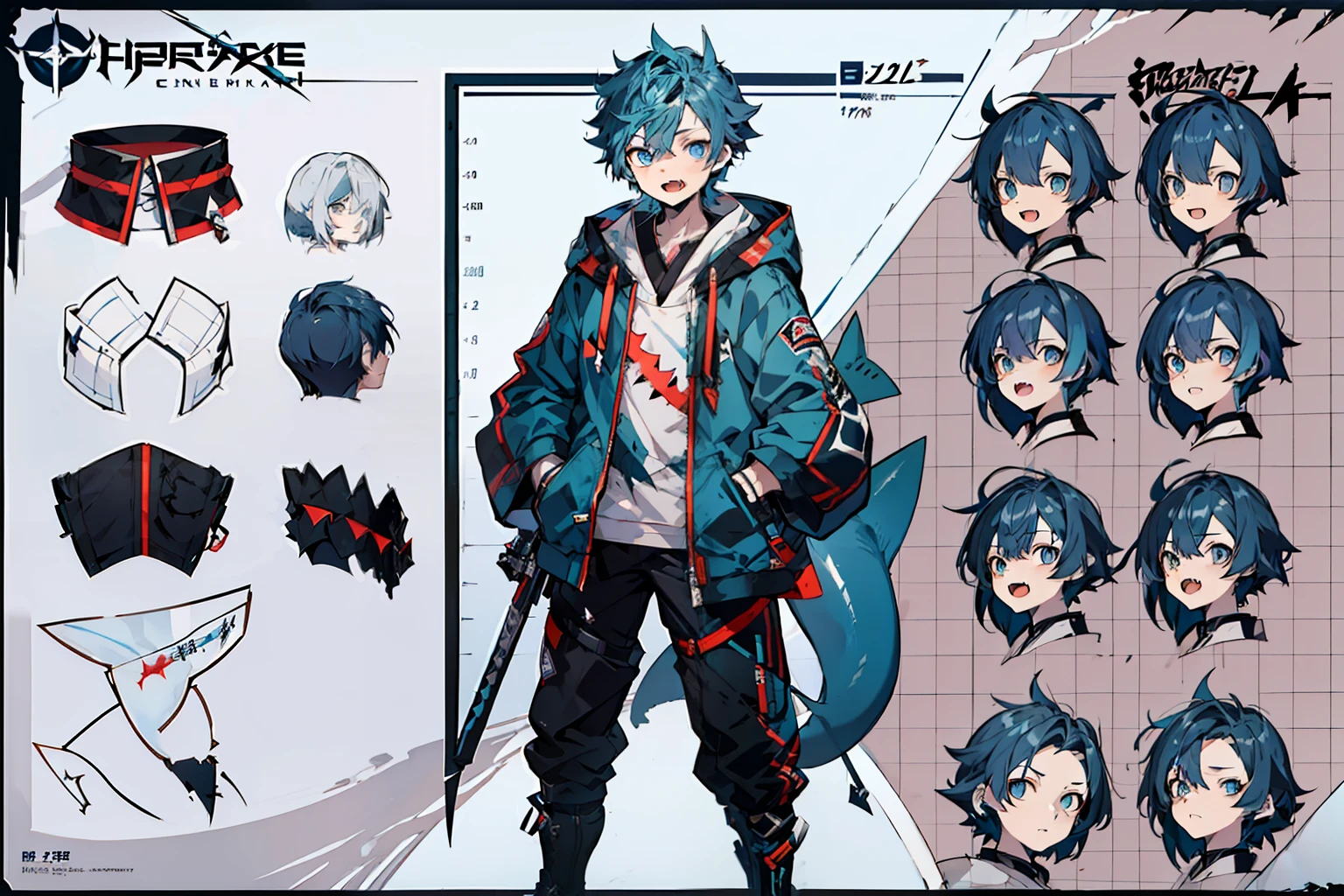 master-piece, hyper quality, hyper detailed,perfect drawing, 1boy, (Hairstyle: Messy Japanese Round Haircut for Thick Hair)), blue hoodie, shark tail, sharp fangs, blue eyes, Blue hair, height 167cm, stand still, (character sheet:1.4), (concept art:1.4)