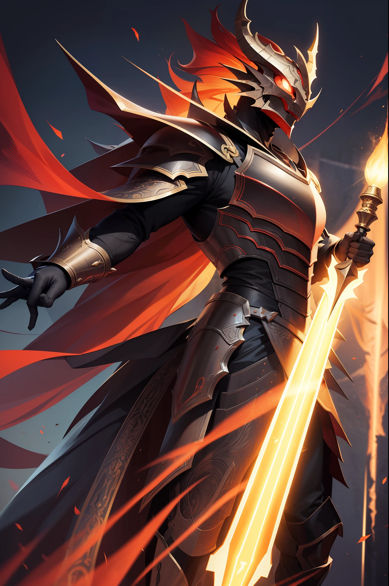Homem vestindo armadura draconiana, Dragon Slayer, cor da armadura vermelho luminoso, Several beams and auras glowing red around him, Blood Red Aurora Mist Around Full Armor, dragon horn helmet and scale, sinister mist, 4k, 8k, alta qualidade, detalhe altamente profissional, corpo inteiro, alto detalhamento, Filmes FFECT, assustador e realista, fotografia profissional, ultra sharp resolution, altamente detalhado, Textura extrema, Efeito 3D, trend at Art Station, foco nítido, Studio photo, detalhes intrincados, altamente detalhado.