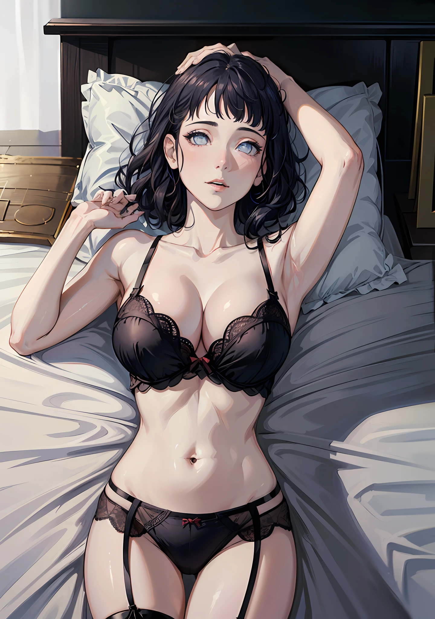 ((((masterpiece, best quality, high resolution)))), 1girl, wavy hair, average breasts, blush, light smile, glow, thighs, bare shoulders, collarbone, narrow waist, cleavage, (masterpiece), (beautiful detailed face, beautiful detailed eyes), bedroom, night time, lying on bed, arms up, (from above view), (black lingerie), hands behind head,