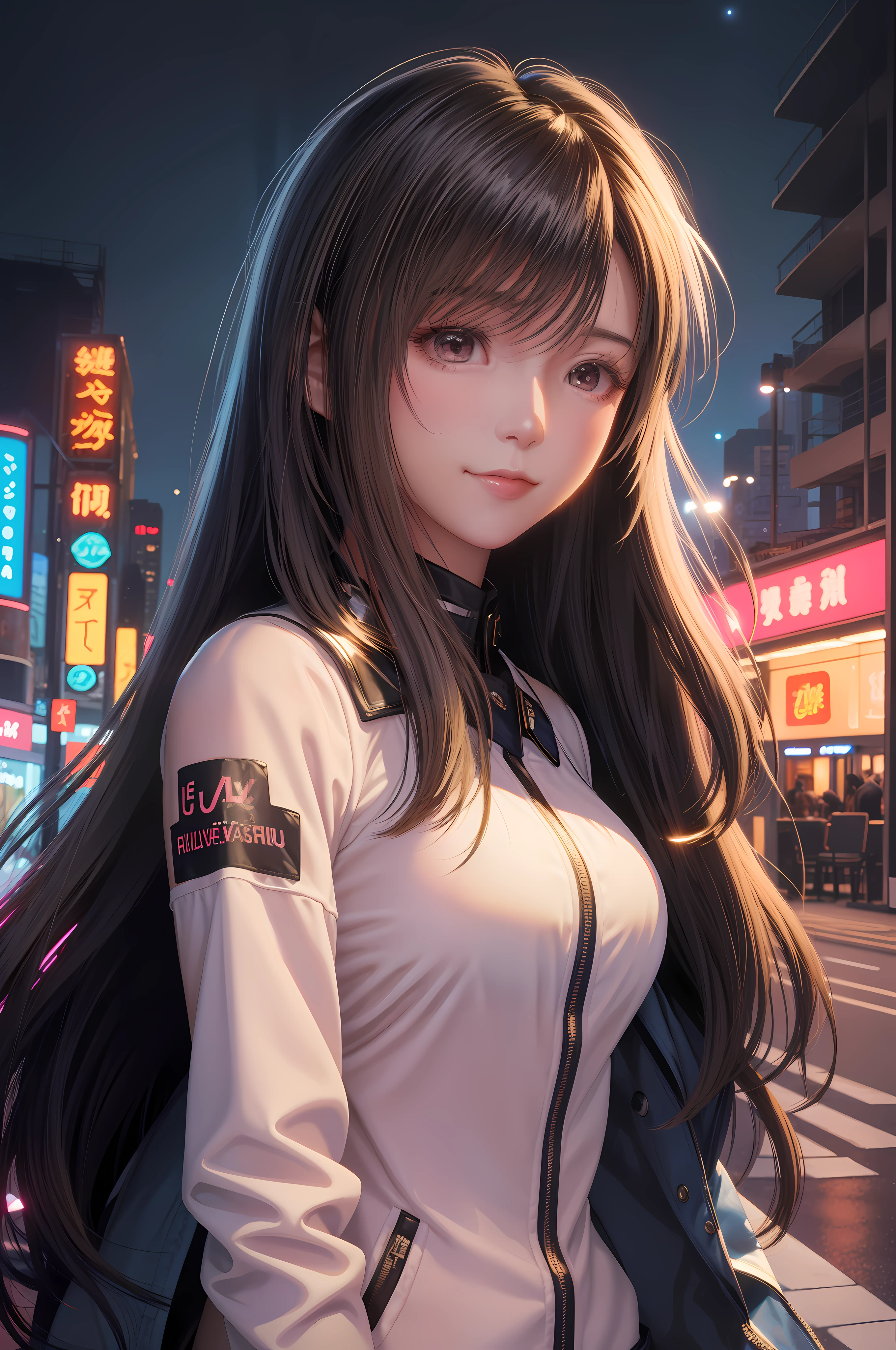 masterpiece, best quality, 1girl, city pop, night, neon light, looking at another, upper body, vector illustration, jacket, light smile, blunt bangs, long hair