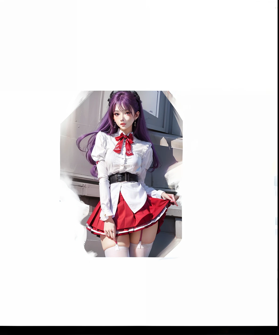 Purple colored hair，White color blouse，Red skirt，black lence stockings，Beautuful Women，Keep the image，Realiy