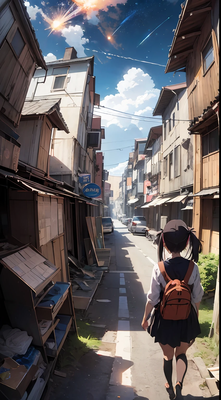 Fisheye photography、Landscapes made of futuristic machines、Dilapidated Landscape、A world made entirely of machines、Machine written to the smallest detail、Sateen、a woman walking、Space sky。Meteor swarm、Anime scenes in ruins、Anime Background Art、Delicate anime scenery、anime art wallpaper 4k、anime art wallpaper 4k、4K Anime Wallpapers、anime wallpaper 4k、anime wallpaper 4k、Detail enhancements、Perfect detail processing。
