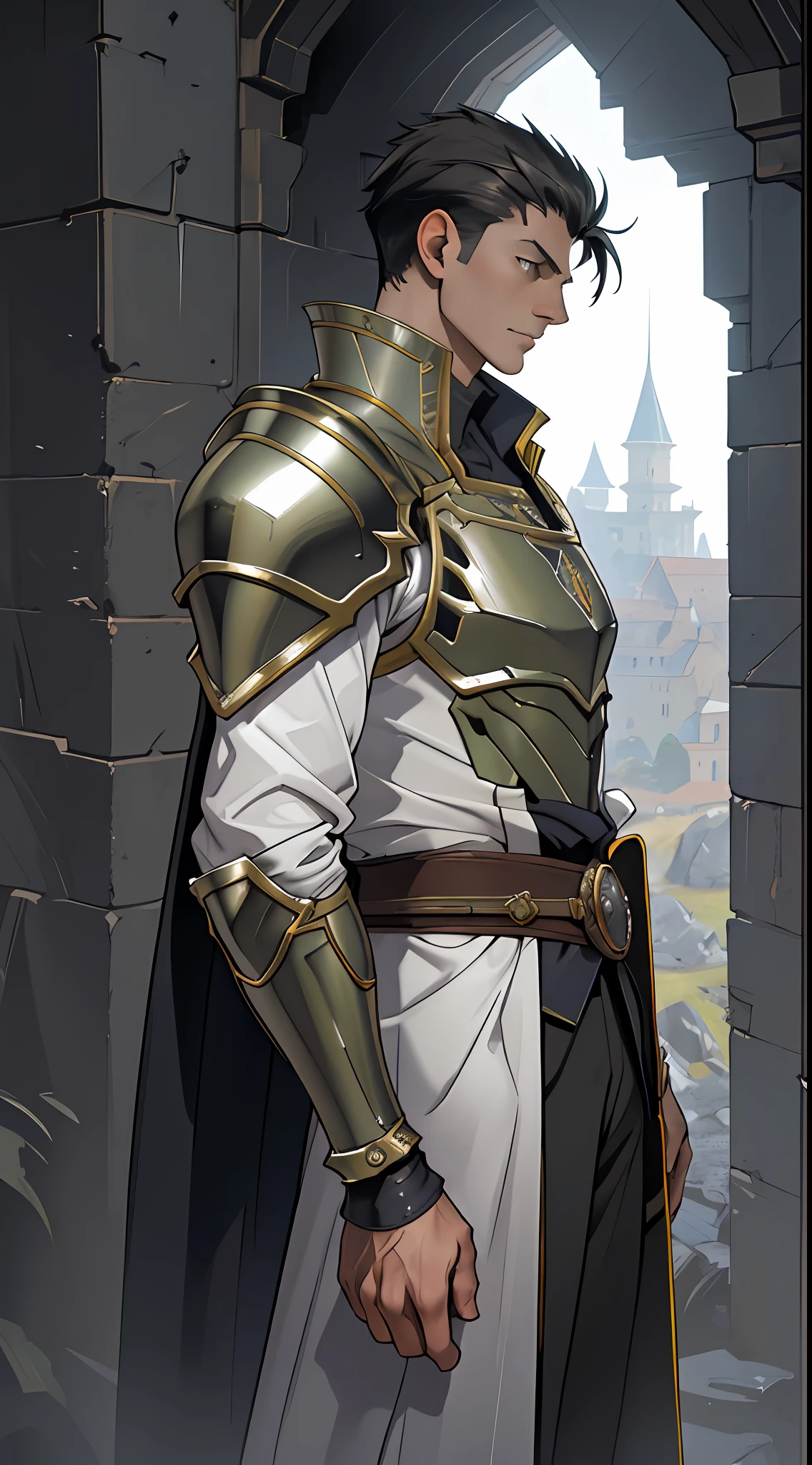 Portrait of a man, 1boy, Solo, Stand quietly, Heroes, A hero never seen before, jawline, Male, Epic, Handsome, prince, warrior, Silver armor, hyperdetailed 3d matte painting, cinemascope panoramic, awe inspiring, landscape, Natural skin texture, Sharp focus, ((Cinematic look)), insanely details, Intricate details, greg rutkovsky、Works of art by Caravaggio and Alphonse Mucha, analogue style, Castle, inside castle, Calm environment,