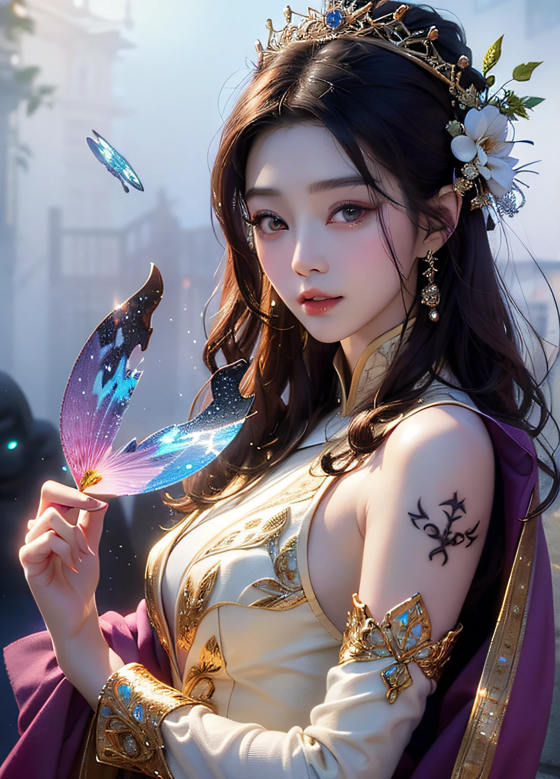 It is a dreamy and ethereal image. Generate a whimsical and powerful queen by Fan Bingbing with beautiful detailed and realistic eyes. Includes ink drops and fairytale lighting. The colors used should be soft and soft,Except for her eyes, Shadows should be bold and realistic. Including luminescence, glitters, a slight light, and intricate detailing. This is a high-quality image by world-class artist Fan Bingbing. ((Masterpiece))