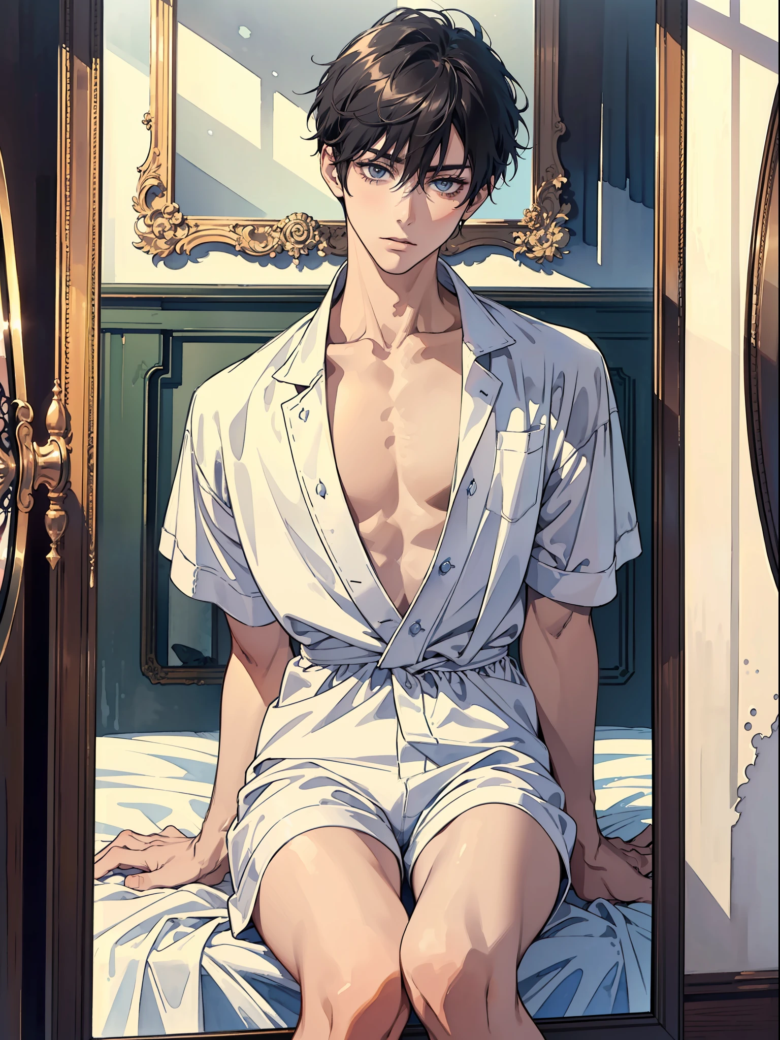 ((only one person)), A beautiful boy is sitting on a bed in a closed room,(((The whole picture is a mirror))), gay, masterpiece,highest quality,High contrast, The upper body is naked, closeup cleavage, Interactive expressions, short detailed hair, slender body, erotic, shorts, White sox, foot fetish, (high quality watercolor:1.3), black hair