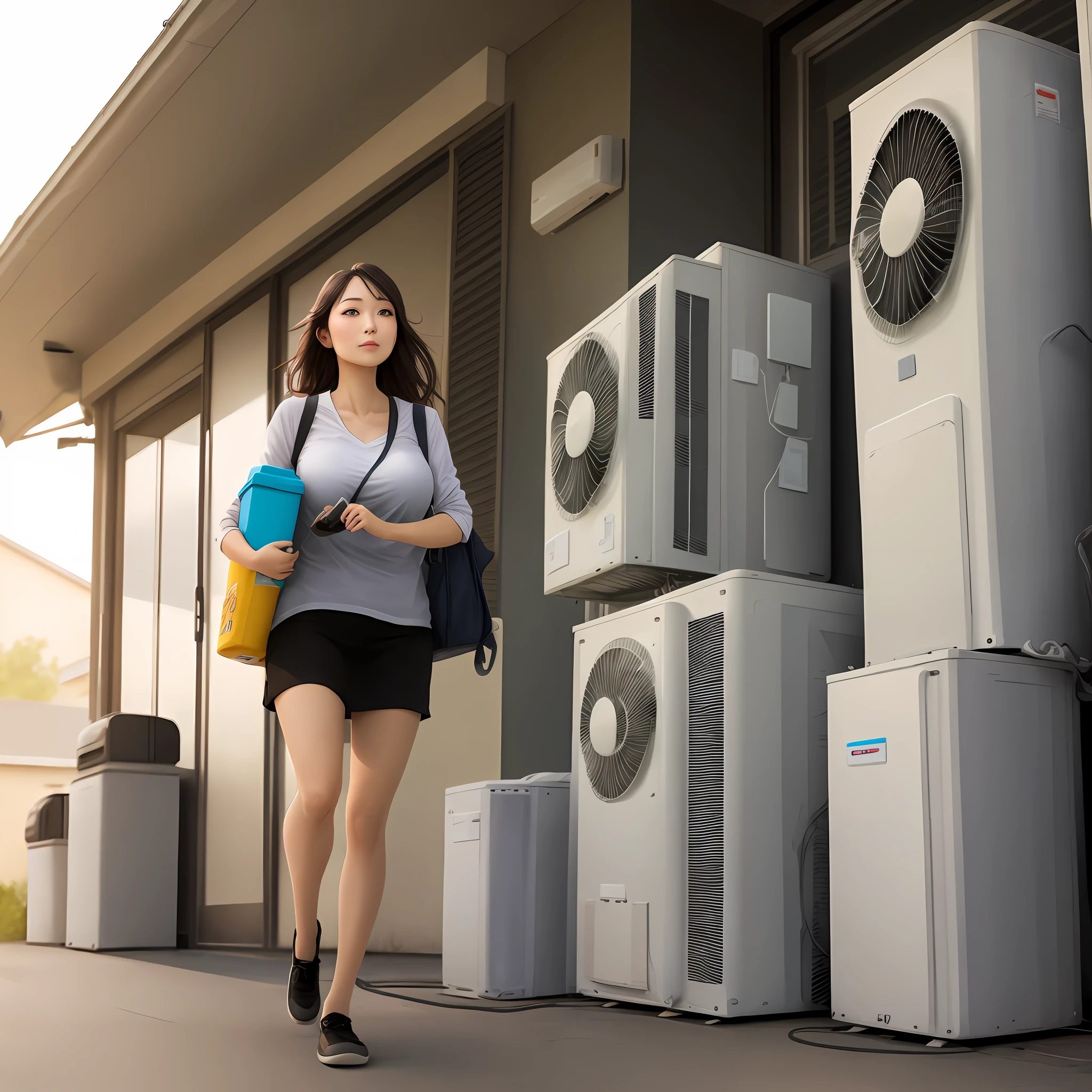 A beautiful woman carrying an air conditioner