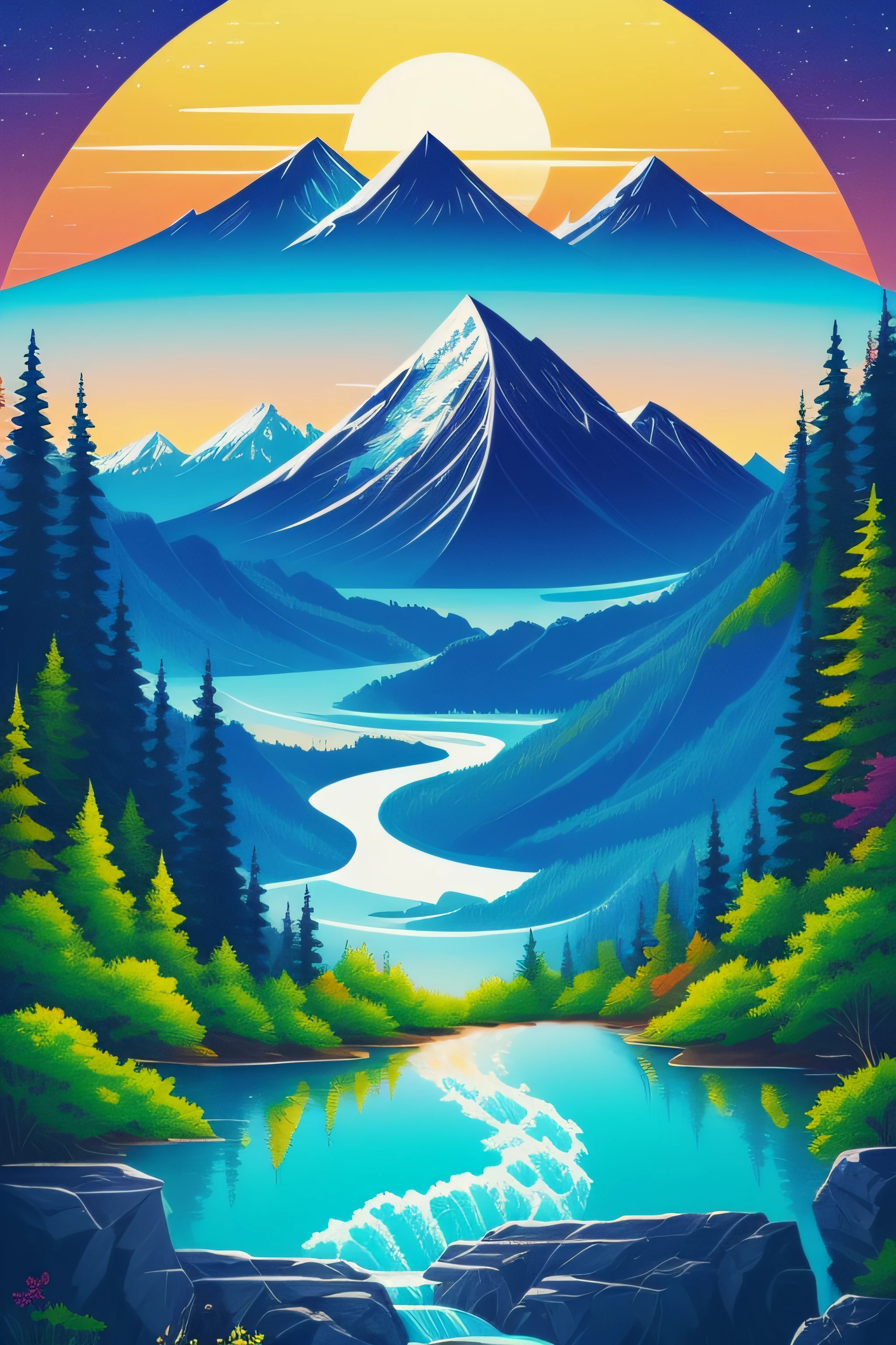 **CLIPART design, painting of a mountain with trees and water, a detailed painting by Petros Afshar, shutterstock contest winner, environmental art, detailed painting, outlined art, 2d game art ,printed as a t-shirt, - seed 1400748837 --ar 1:1**