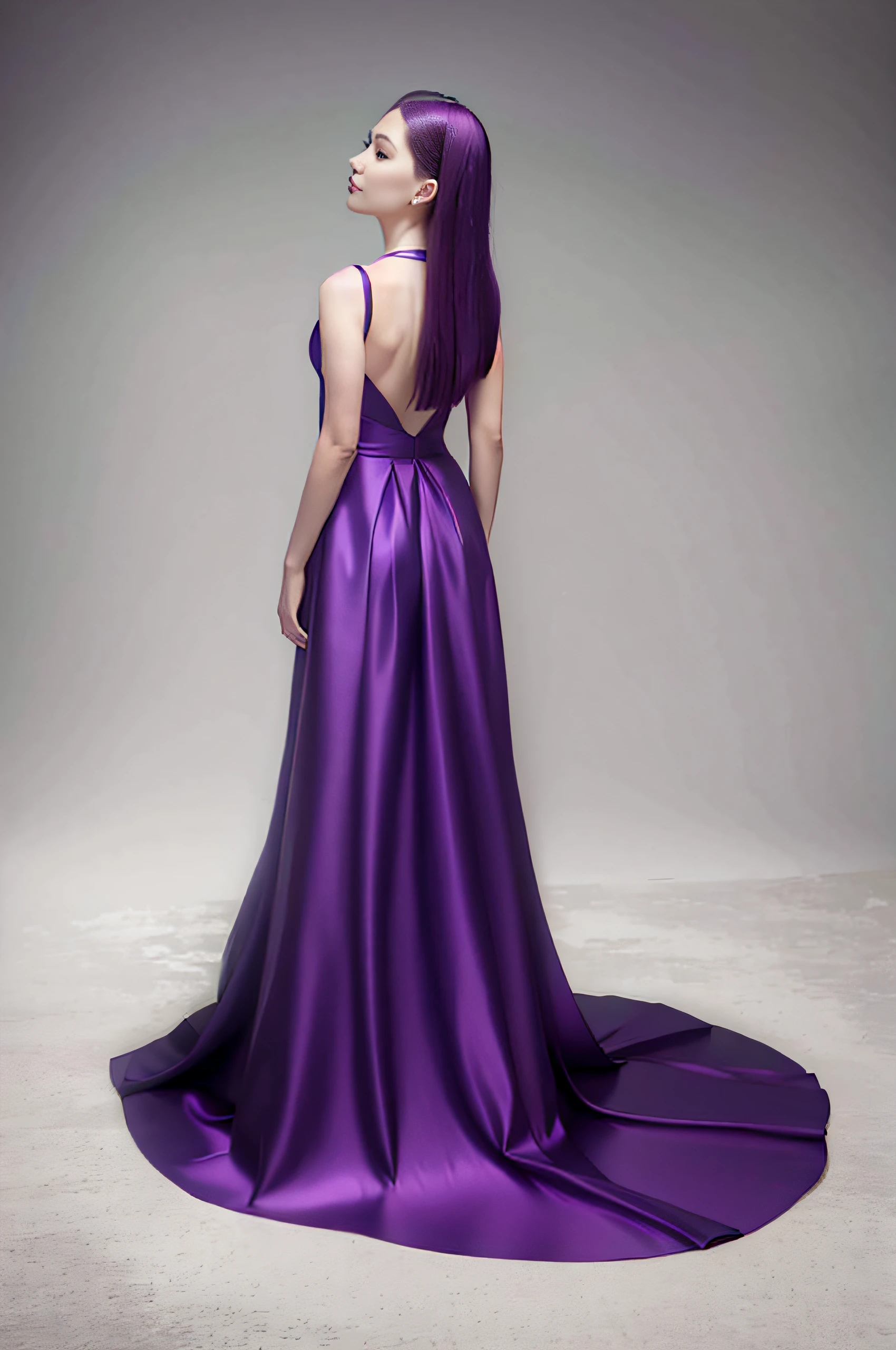 Woman in white dress,white skinned,Beautiful neckline,Purple colored hair,Smooth neck line,with fair skin,Beautiful and generous