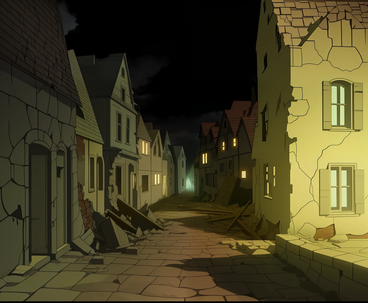 illustratio anime screenshot natta mid night Ocean wind Not Japan Ruined house Brick house cobblestone road Medieval Europe Koyokan Crumbling brick house Unpaved cobblestones Ruined house Houses with a small number of colors A house on the verge of collapse desolate Fine line art 2020s anime
