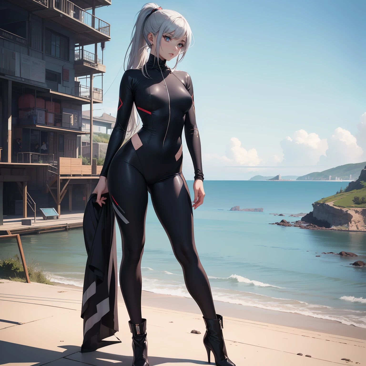 (masterpiece, best quality), photorealistic, cinematic, anime girl, (sheer futuristic bodysuit with silver ankle boots:1.2), ((seaside background:1.4)), 1 girl, ((silver hair:1.)), ((high ponytail hairstyle:1.5)), ((full-body shot:1.3)), head to toe visibility, perfect anatomy, curvaceous body, alluring, long round legs, large chest, big round ass, perfect eyes, perfect hands, standing tall with a strong and confident posture, emphasizing the futuristic and edgy elements of the outfit, the model's body language should showcase the sleek lines of the bodysuit and the statement silver ankle boots, a bold and assertive expression, with a determined gaze that complements the modern and futuristic vibe of the ensemble, the model's expression can convey a sense of strength and fashion-forward attitude, extremely detailed Artgem, ig model, artgem, alena aenami and artgem, krenz cushart and artgem, artgem and atey ghailan