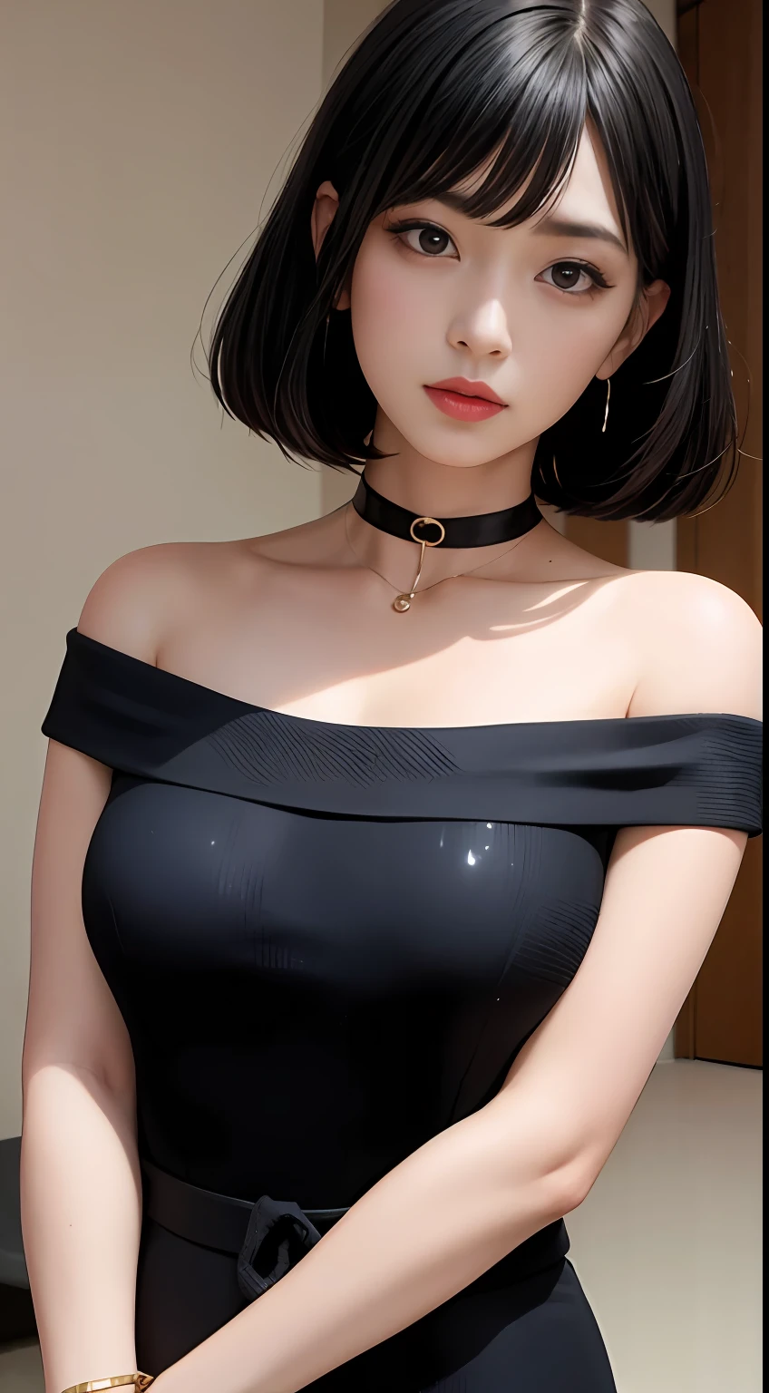 black hair bob,(8K,RAW photos,realisticlying:1.25),(Very lip gloss,Many eyelashes,HighestQuali,超高分辨率,depth of fields,color difference,Caustics,Wide light,natural color,Japanese,Women in their 30s) staring at the audience,choker necklace,bangle,choker necklace,choker necklace,Off-the-shoulder attire,full bodyesbian,,Chest moles,