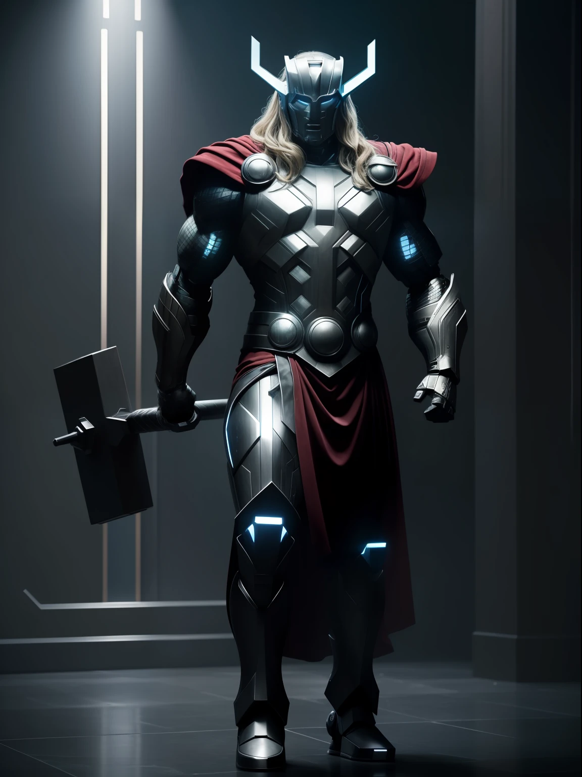 A dramatic robot as thor, center, rendered in a cinematic style with extreme realism and detail, full body shot