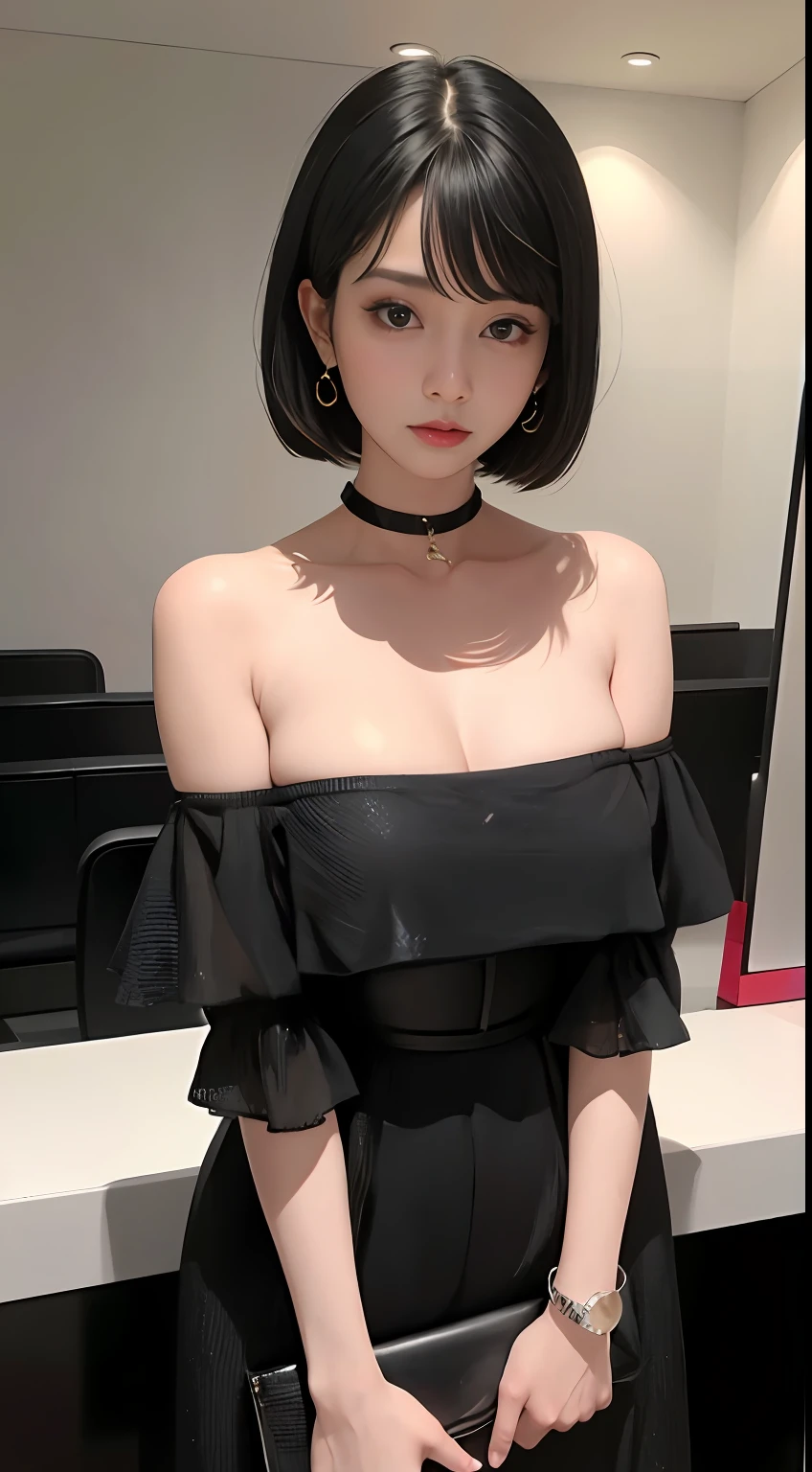 black hair bob，（8K，RAW photos，realisticlying：1.25），（Very lip gloss，Many eyelashes，HighestQuali，超高分辨率，depth of fields，color difference，Caustics，Wide light，natural color，Japanese，Women in their 30s） staring at the audience，choker necklace，bangle，choker necklace，choker necklace，Off-the-shoulder attire，full bodyesbian，，Chest moles，