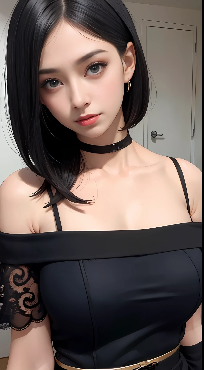 black hair bob，（8K，RAW photos，realisticlying：1.25），（Very lip gloss，Many eyelashes，HighestQuali，超高分辨率，depth of fields，color difference，Caustics，Wide light，natural color，Japanese，Women in their 30s） staring at the audience，choker necklace，bangle，choker necklace，choker necklace，Off-the-shoulder attire，full bodyesbian，，Chest moles，
