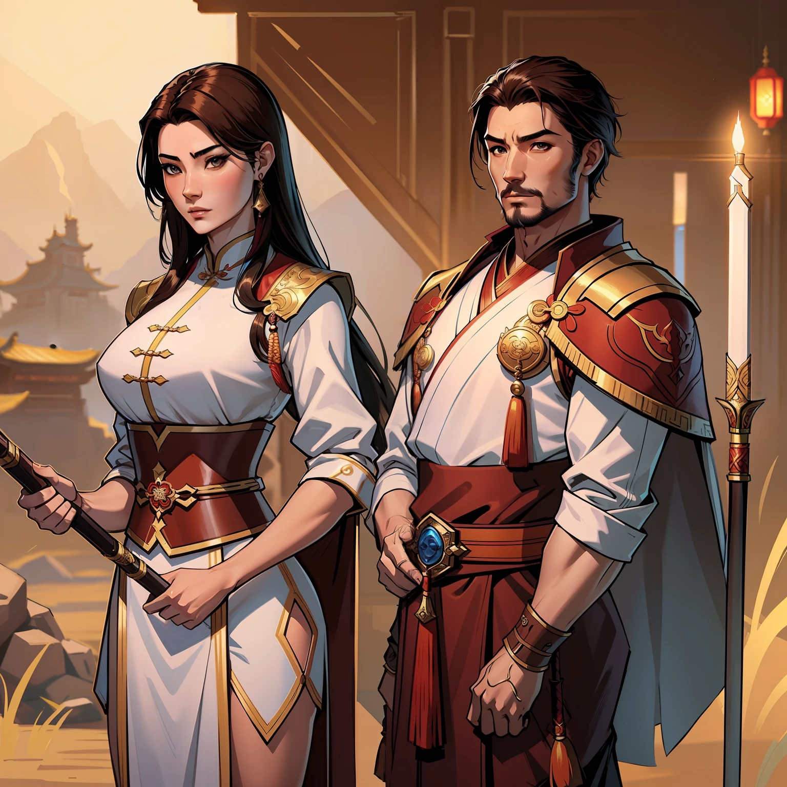a close up of a man in his 30's, with brown eyes and brown hair, wearing a desert themed outfit, a hero in wuxia style, with brown eyes, martial artist holding a staff, standing in a chinese monastary, new costume concept design, in the style of blade and soul, full body character concept, detailed character design, inspired by Yang Jin, inspired by Li Mei-Shu, chinese costume, inspired by Lan Ying, inspired by Sim Sa-Jeong, inspired by Li Tang, lunar themed attire, costume with blue accents, inspired by Ju Lian, colored concept art, highly detailed character design, highly detailed face, inspired by Ai Xuan, very highly detailed face, unreal engine render, final fantasy 14 style, inspired by Leng Mei