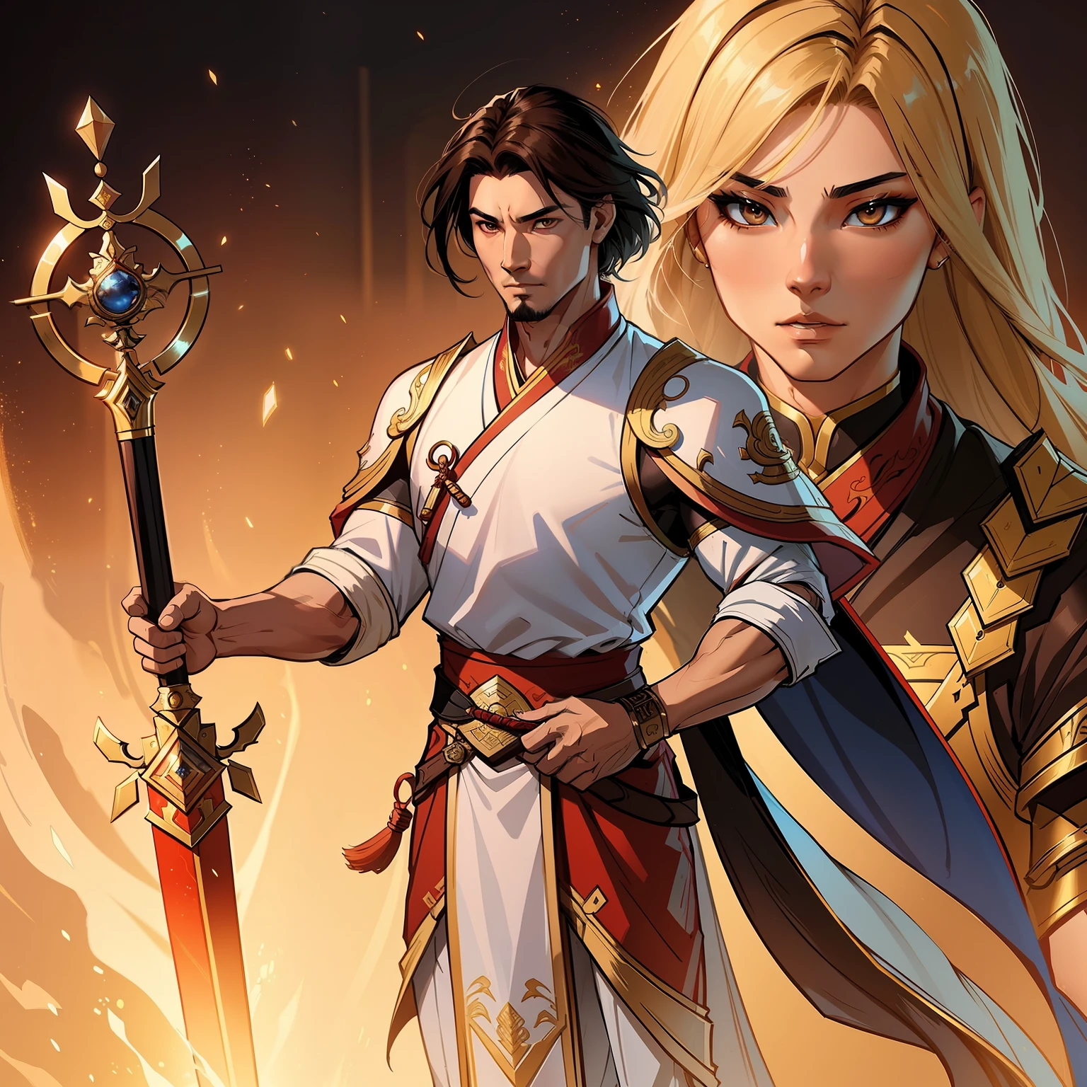 a close up of a man in his 30's, with brown eyes and brown hair, wearing a desert themed outfit, a hero with brown eyes, martial artist holding a staff, standing in a chinese temple, new costume concept design, in the style of blade and soul, full body character concept, detailed character design, inspired by Yang Jin, inspired by Li Mei-Shu, chinese costume, inspired by Lan Ying, inspired by Sim Sa-Jeong, inspired by Li Tang, lunar themed attire, costume with blue accents, inspired by Ju Lian, colored concept art, highly detailed character design, highly detailed face, inspired by Ai Xuan, very highly detailed face, unreal engine render, final fantasy 14 style, inspired by Leng Mei